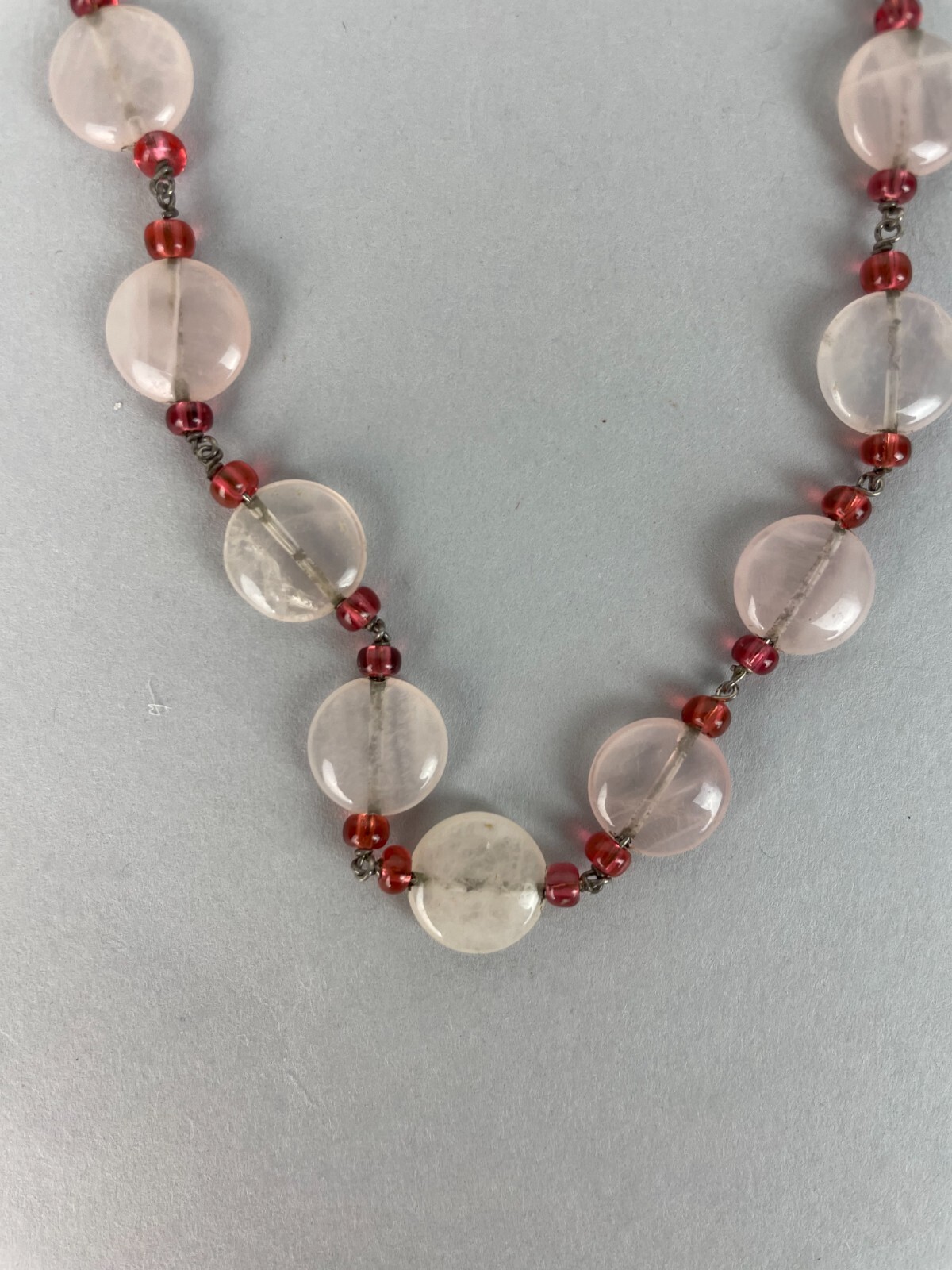 Vintage Y2K Rose Quartz + glass Necklace 16.5 in