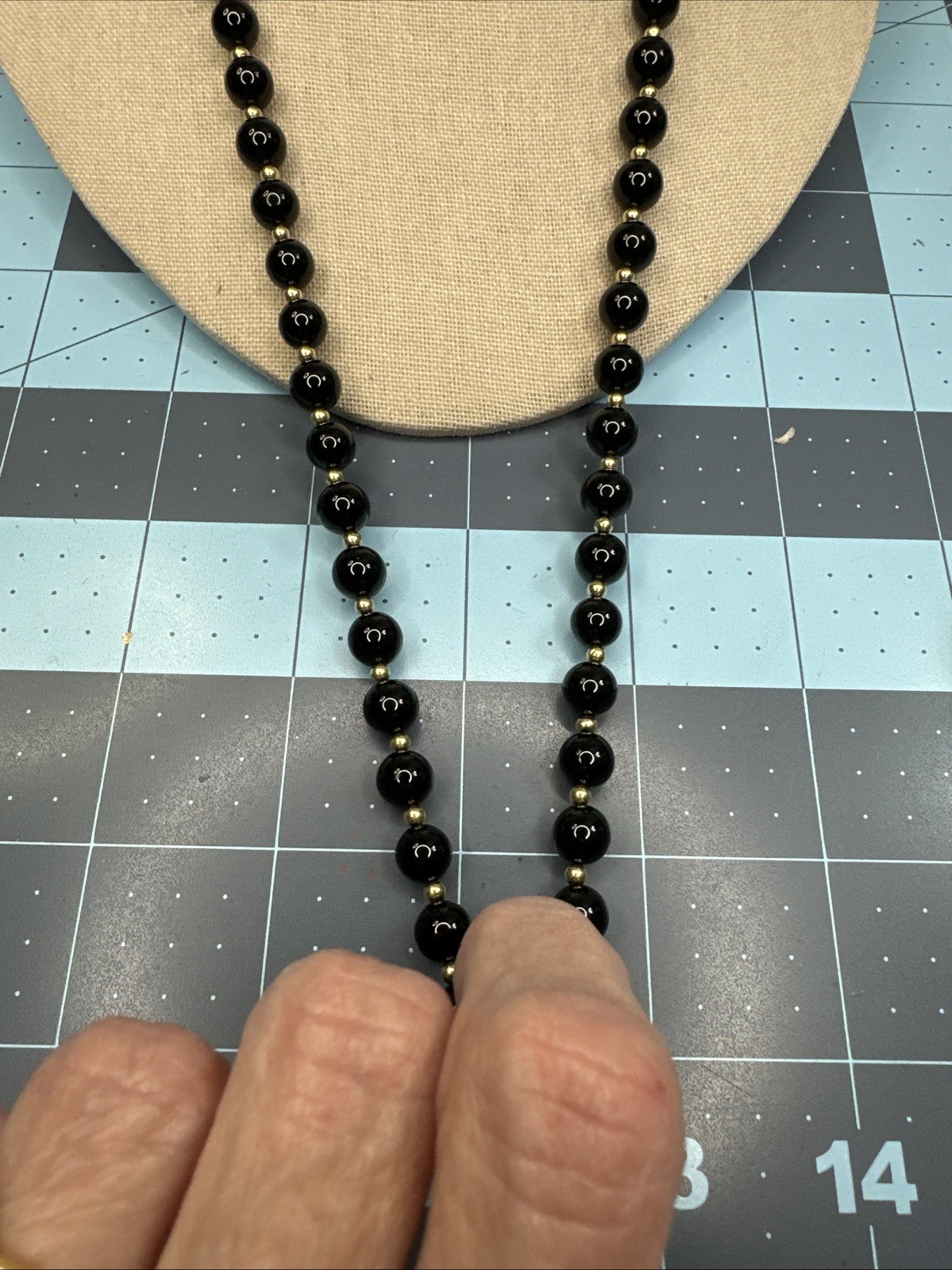 VINTAGE 1990’S 14K GOLD FILLED 8.4MM BLACK ONYX BEADS 26” NECKLACE Pullover J103