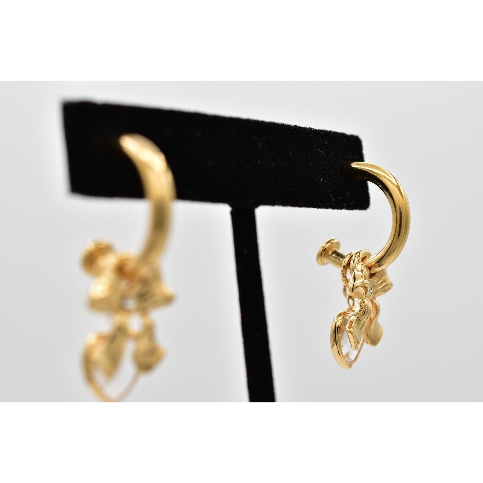 Vintage Hoop Charm Earrings Bow Crystal Bezel Heart Dangle Drop 1990s BinW