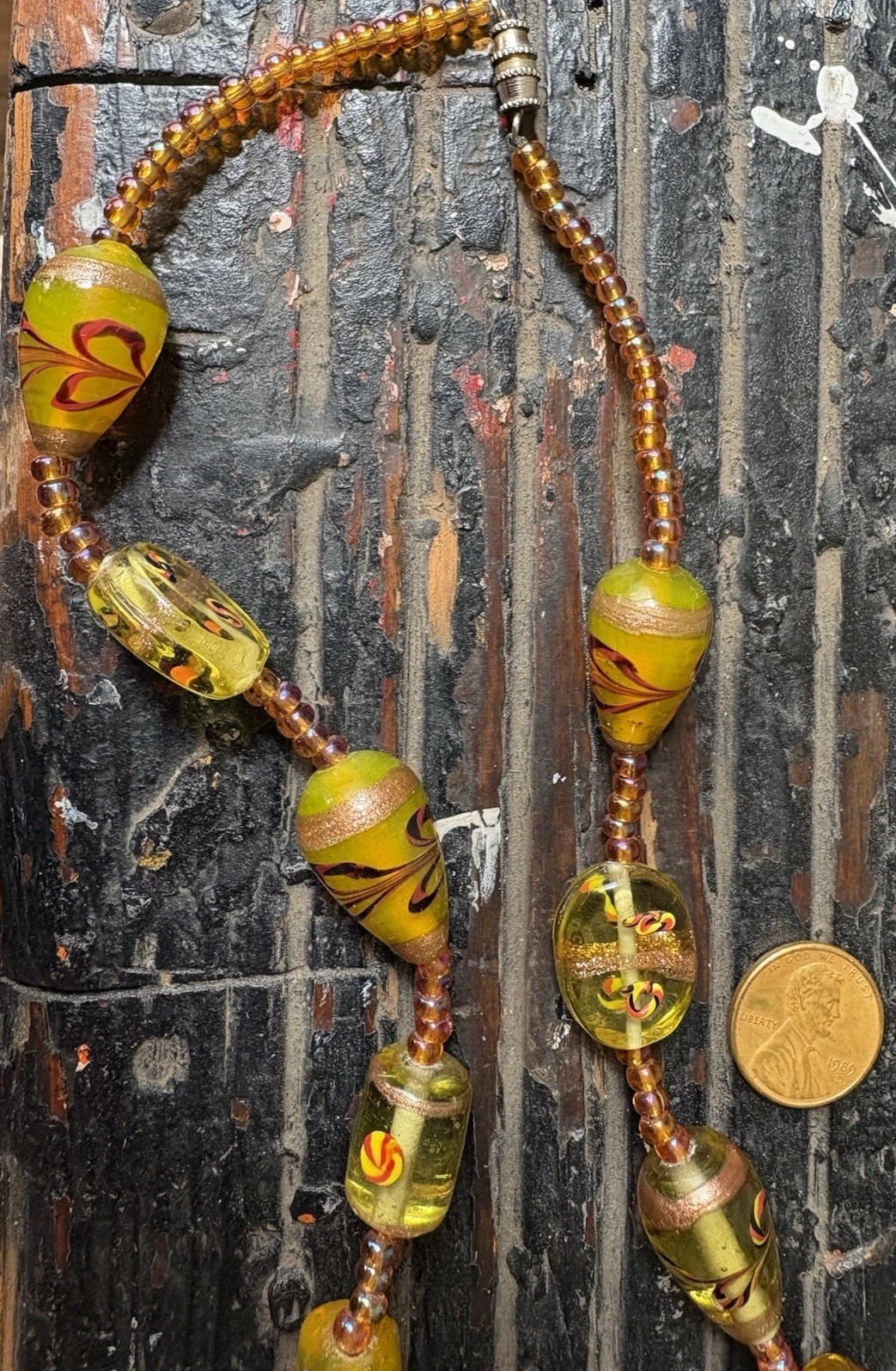 Vintage Hand Blown Glass Beaded Necklace 24”Iridescent Yellow Gold Black Red MCM