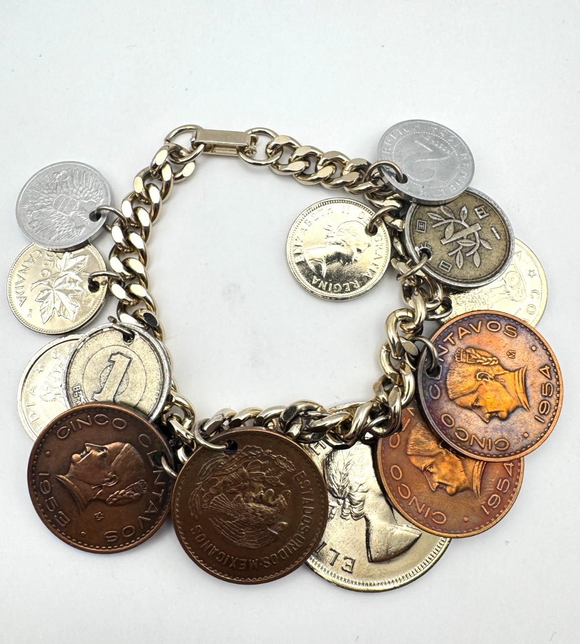Vintage Coin Charm Bracelet 1950s International Canada Mexico UK Elizabeth II