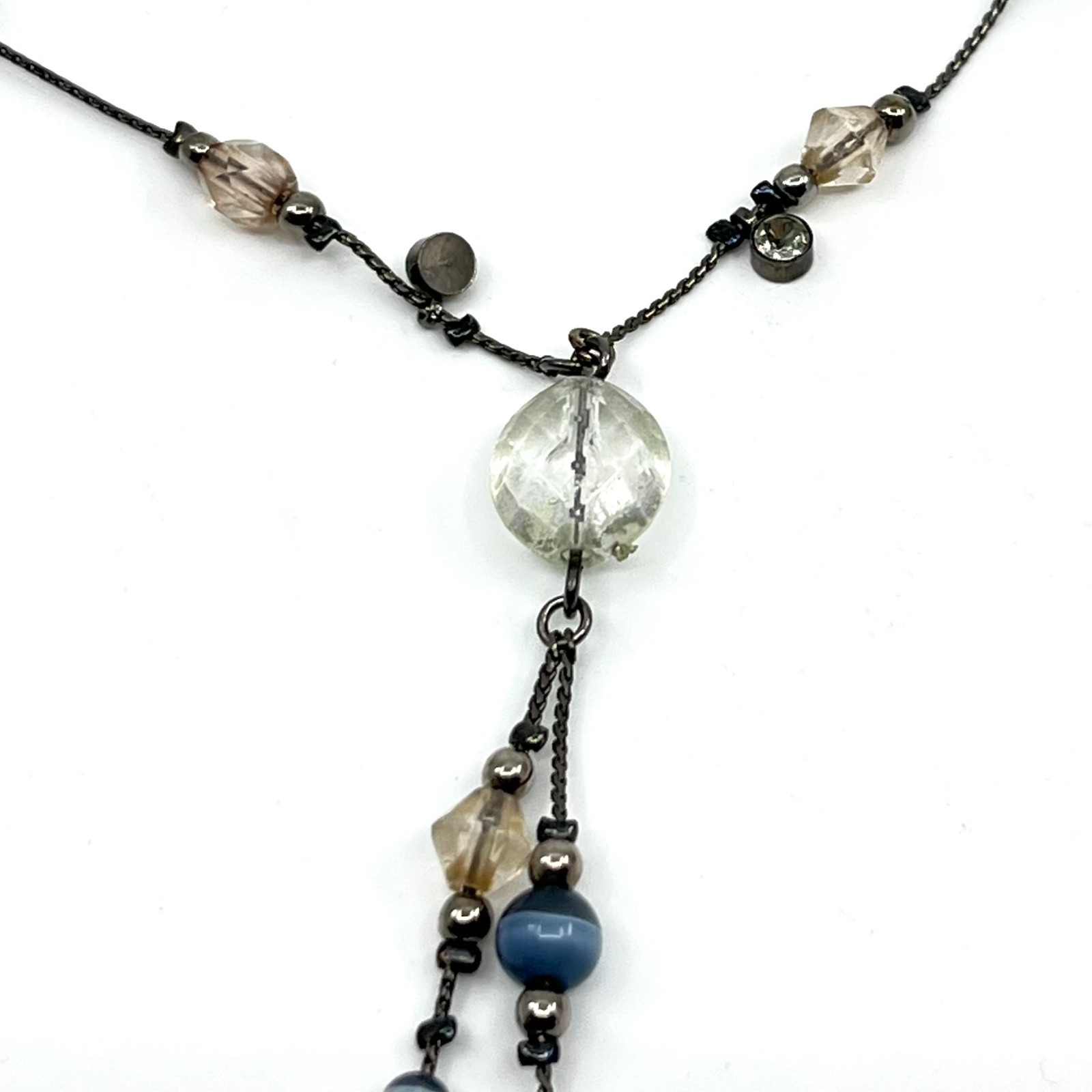 Vintage Y2K Gunmetal Blue Beaded Y-Necklace Tassel Drop Boho Aesthetic Classic