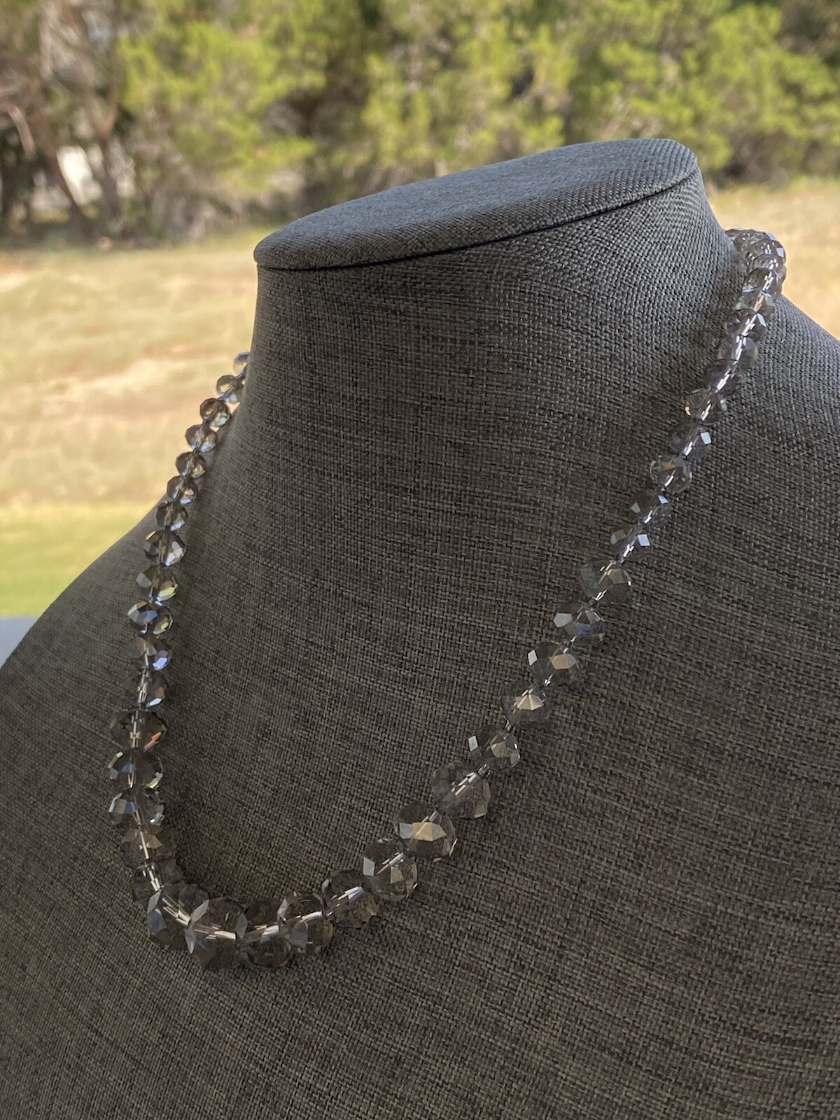 Necklace Faceted Crystal Glass Beads Clear Black Thread Knotted Artisan 21”