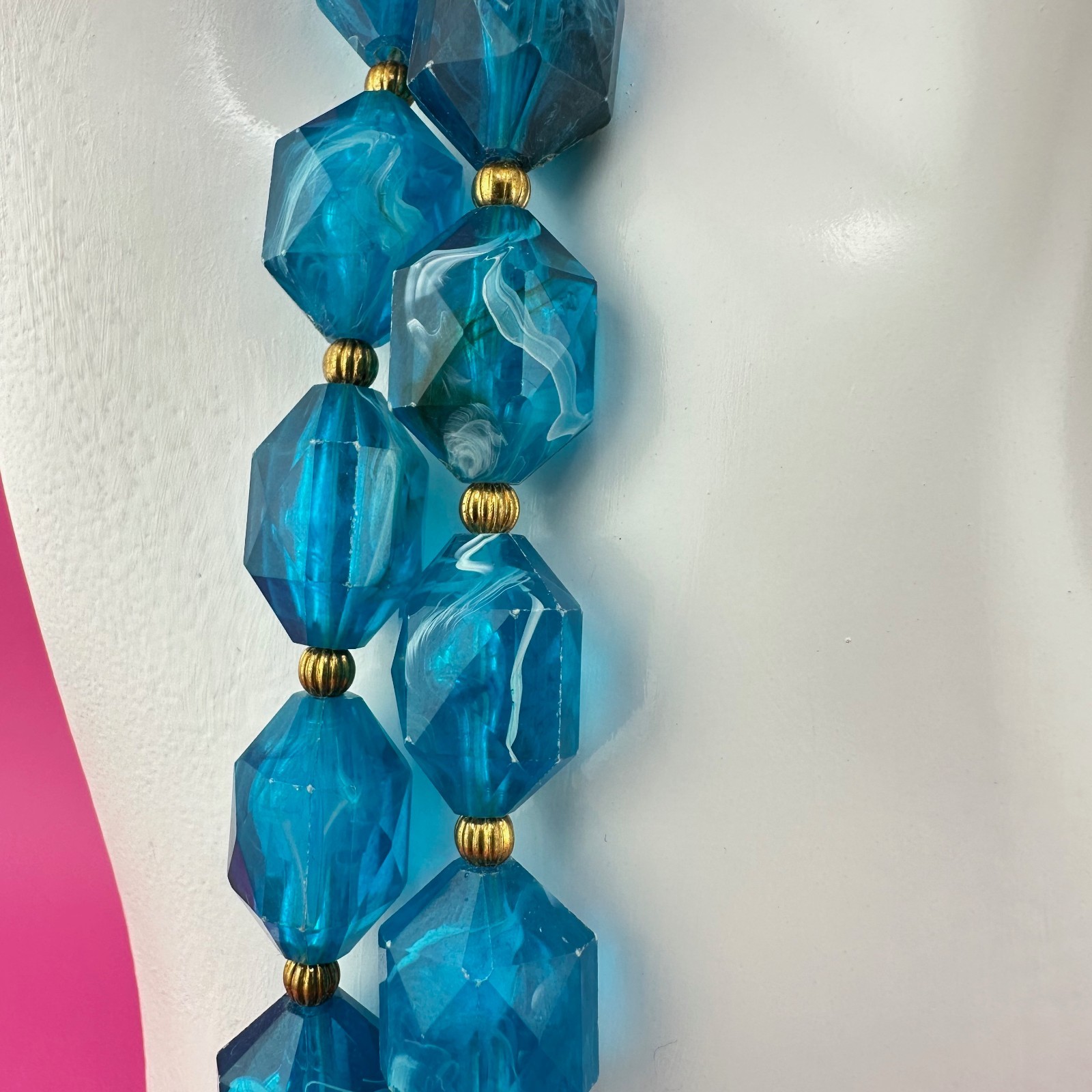 Vintage Necklace Aqua Blue Marbled Acrylic 2 Strand Filigree Clasp Faceted Bead