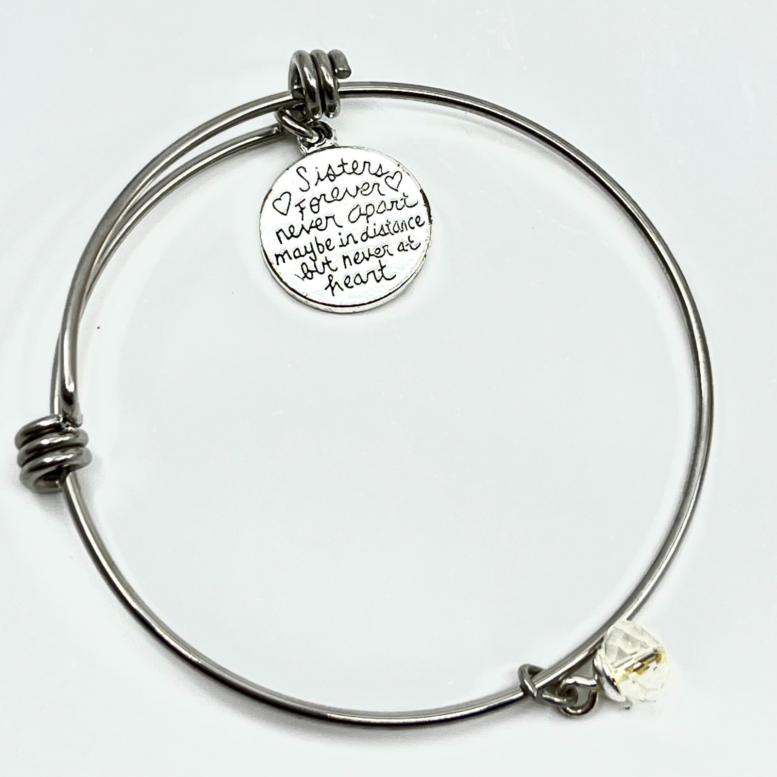VTG Inspirational Sisters Forever Bangle Bracelet Silver Tone Crystal Charm Y2K