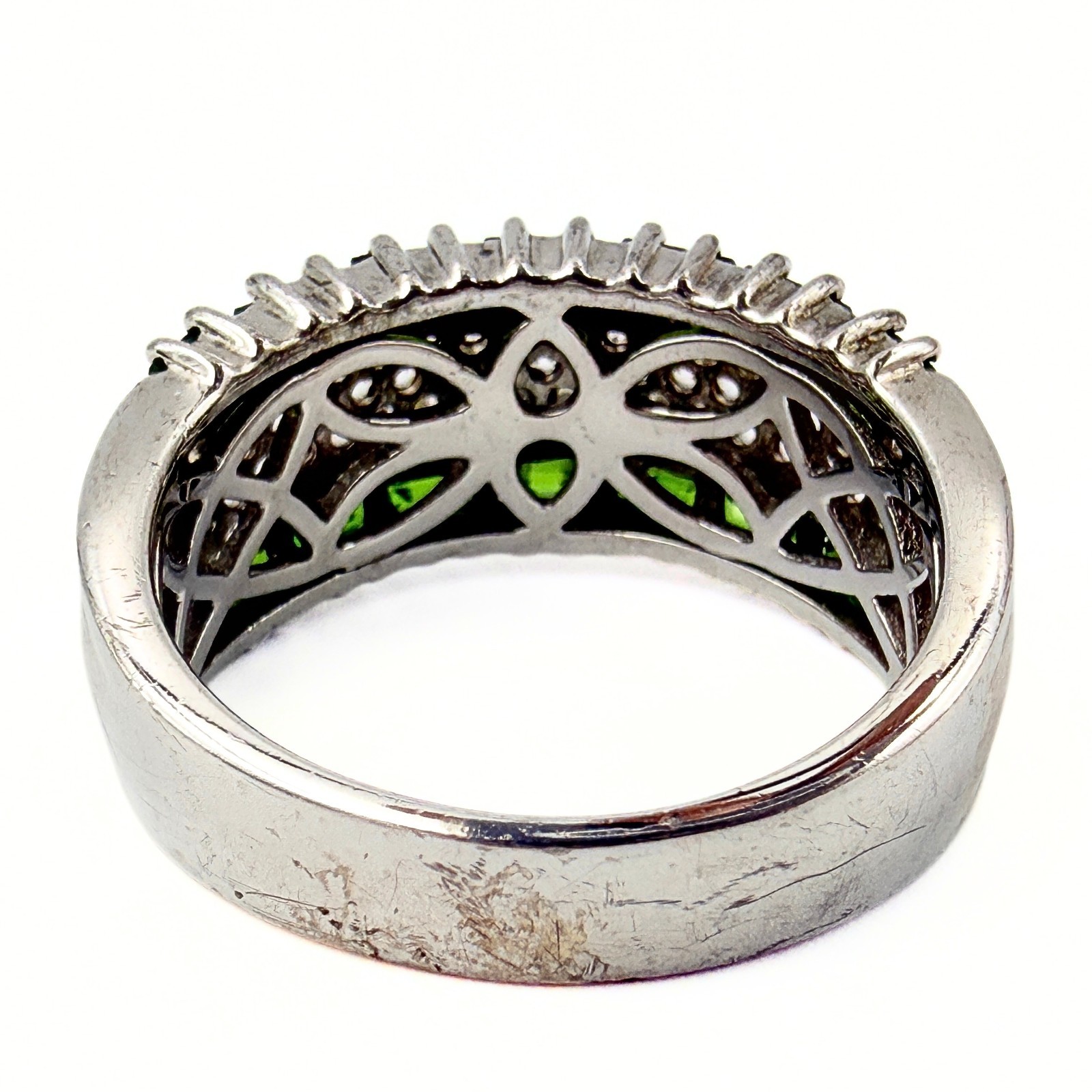 Marked DK Sterling Silver Double Row Diopside Green Iolite CZ Ring Sz 9.75