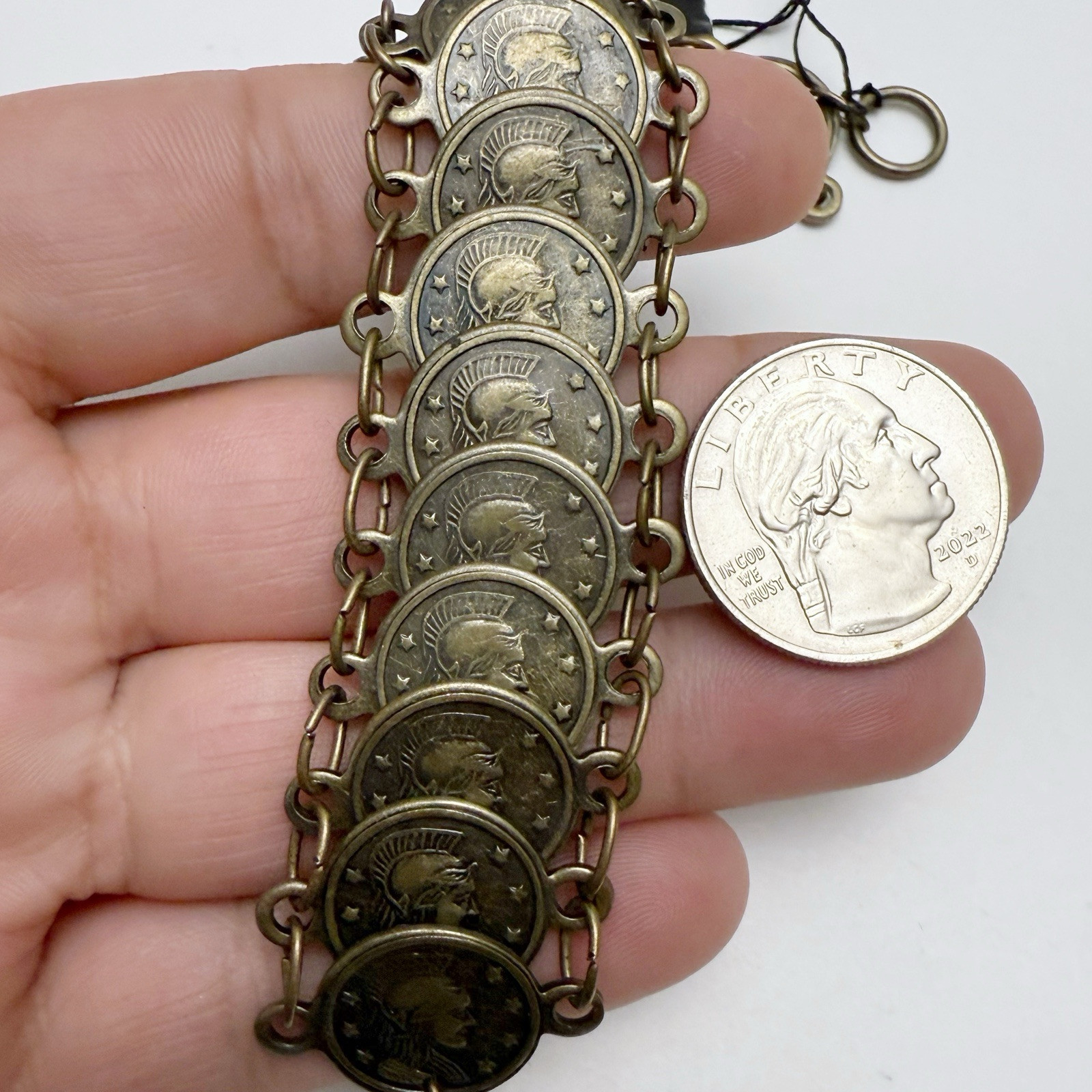 Vintage Tarazzia Roman Coin Medallion Charm Link Chain Toggle Bracelet