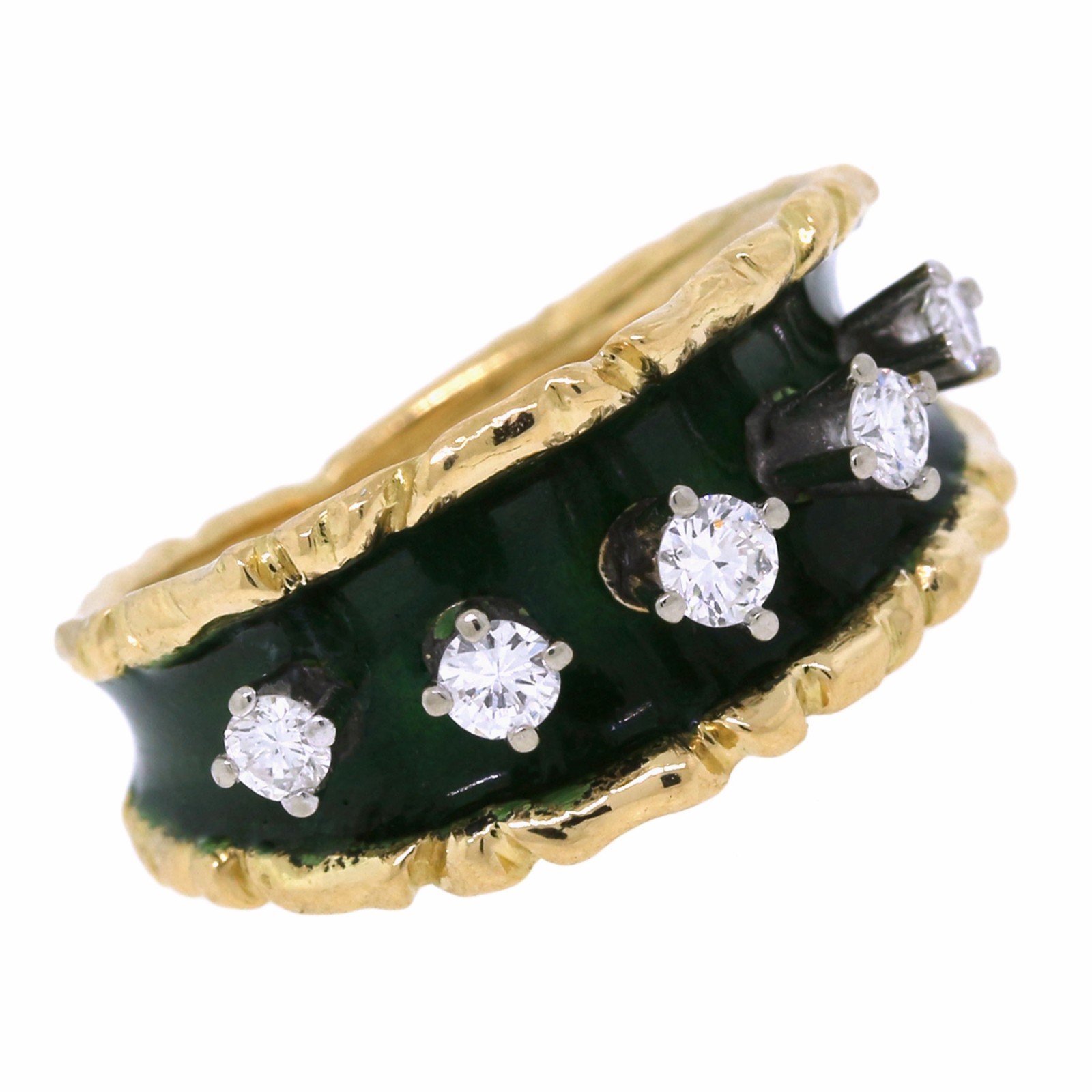 Tiffany & Co 18K Yellow Gold Diamond Green Enamel Ring Size 4.75