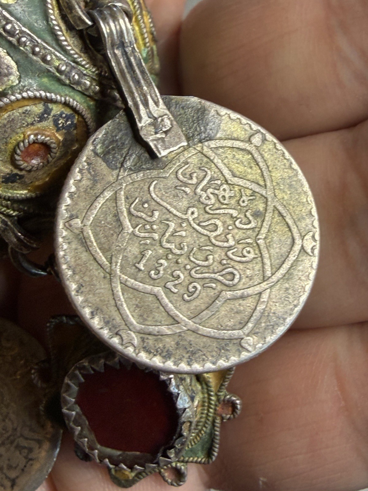 Antique Moroccan Enamel Silver Ball Pendent Necklace Coin Pendants Hand Crafted