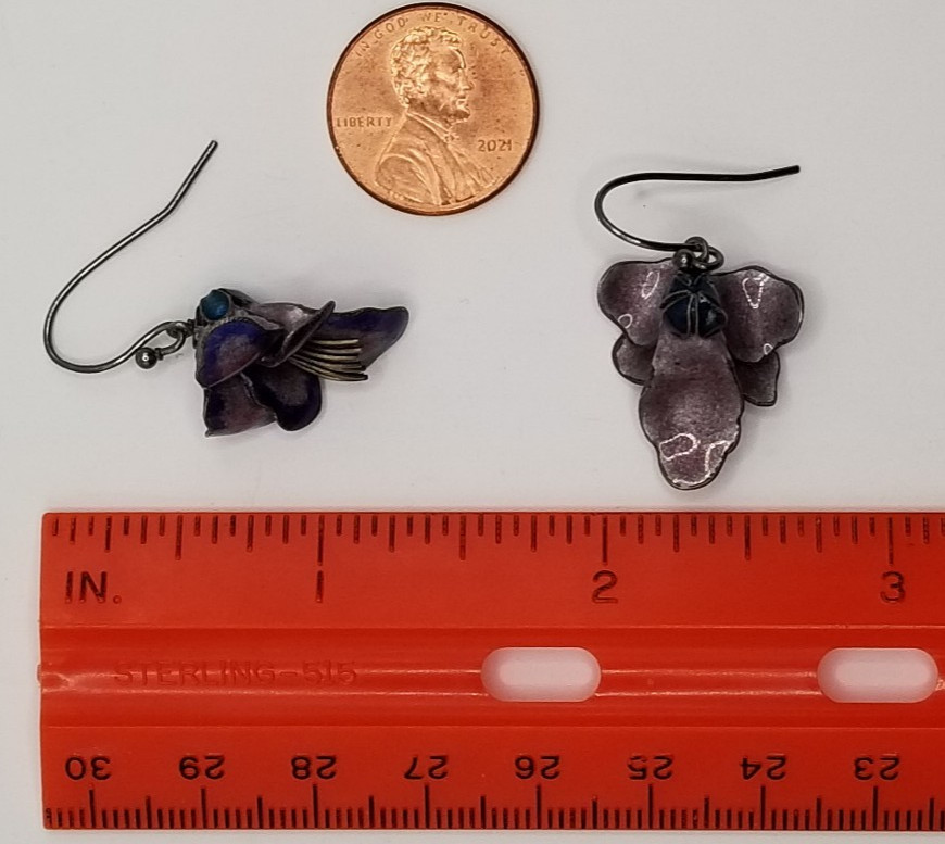 Vtg 925 Sterling Silver Purple & Blue Enameled 3D Pansy Flower Dangle Earrings