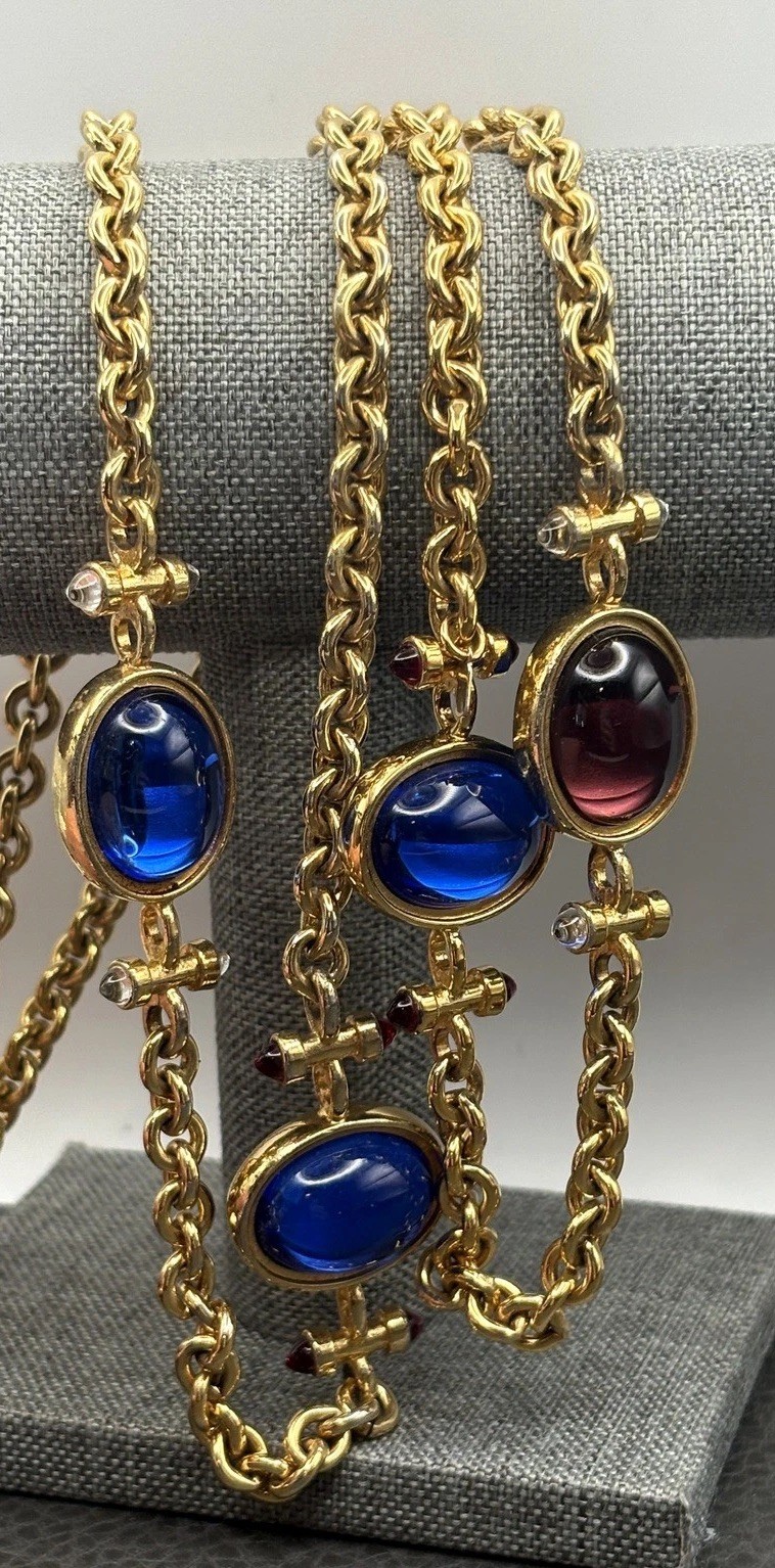 Vintage 80s Monet Gold Tone Gripoix Style Necklace Blue Purple Cabochon Station