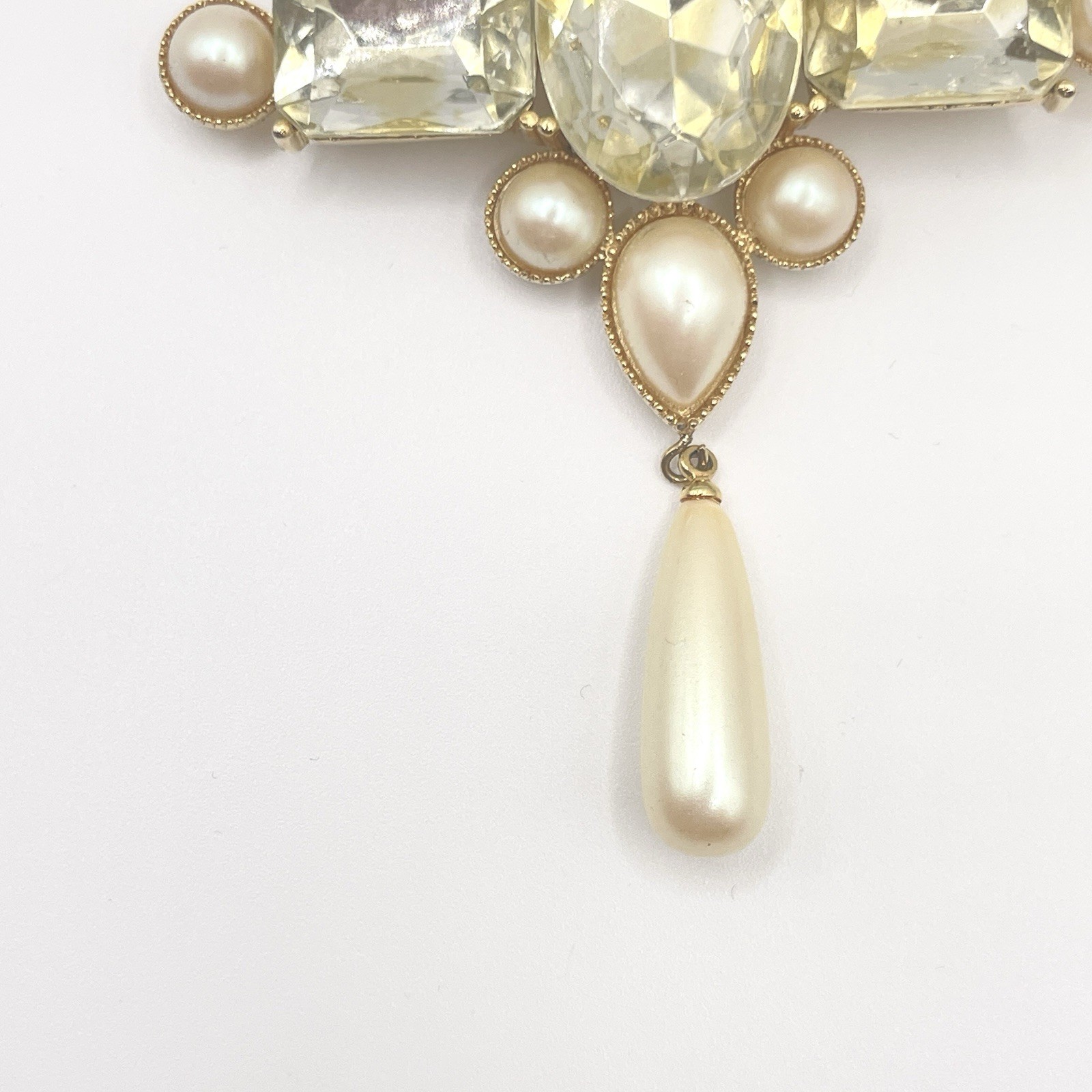 Vintage Richelieu Brooch Gold Faux Pearl & Yellow Glass Crystal Pin 1980s 1990s