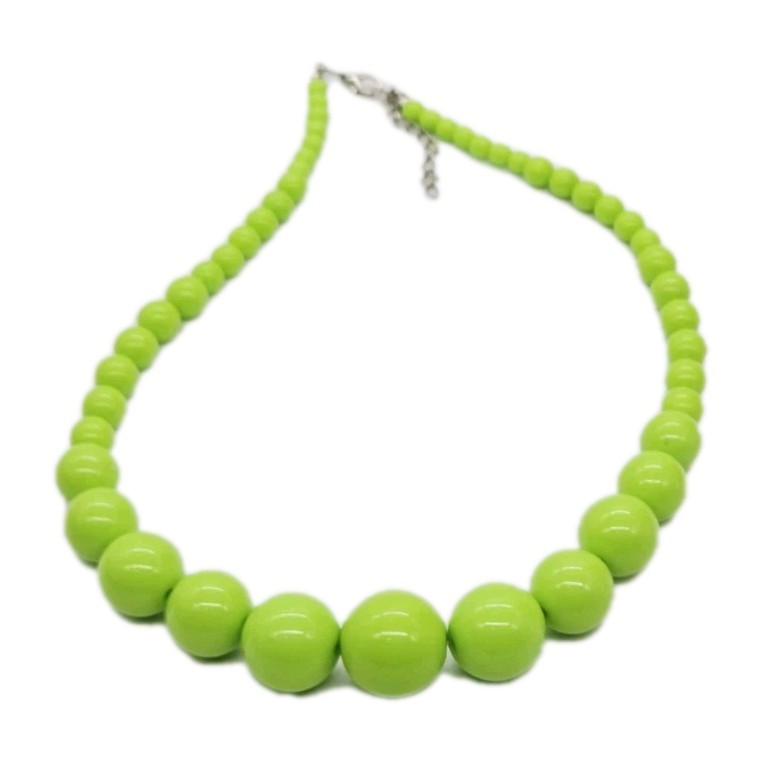 Neon Green Beaded Necklace Graduated round Ball 18 in Vintage Retro 21 in