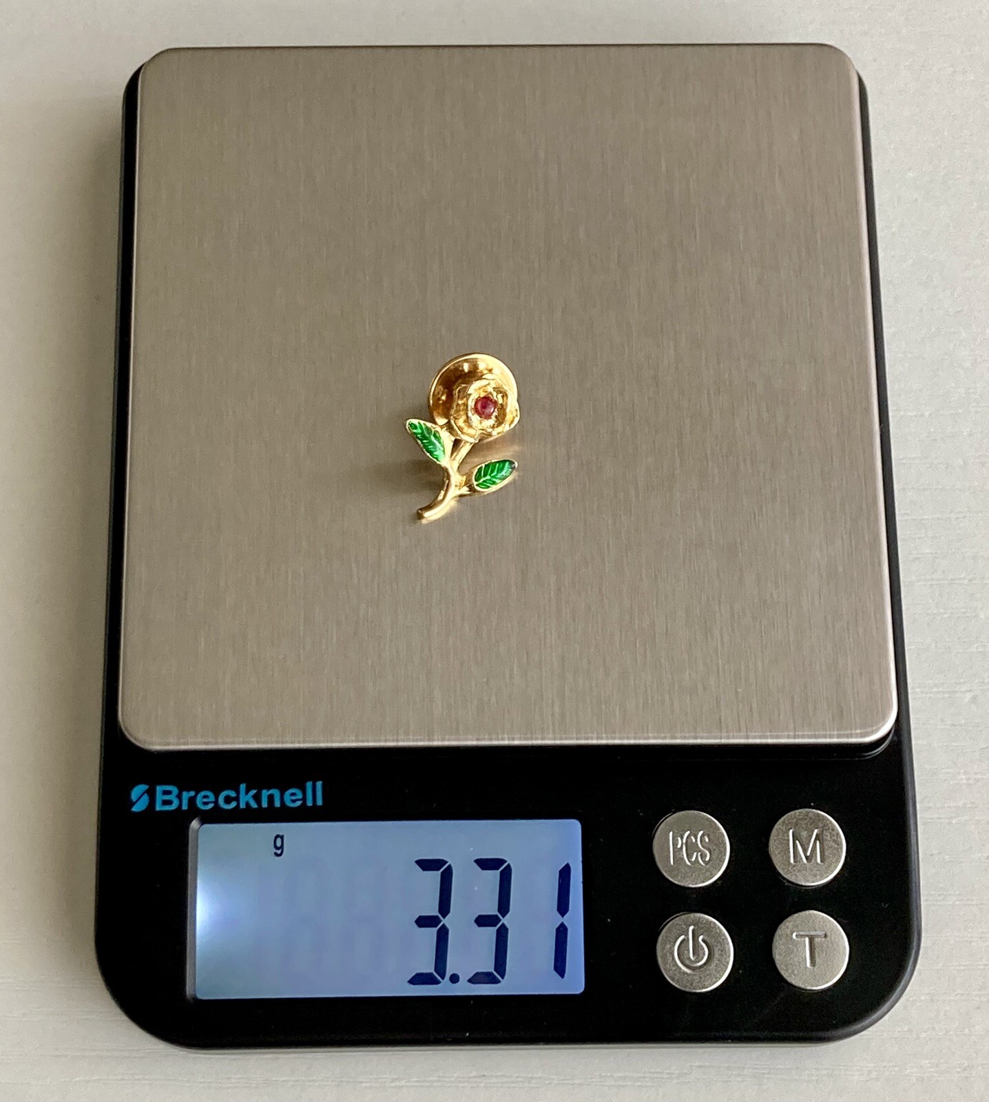 Vintage Rose Flower Lapel Pin Green Enamel Pink Spinel Gem Gold Tone 3/4in 3.3g