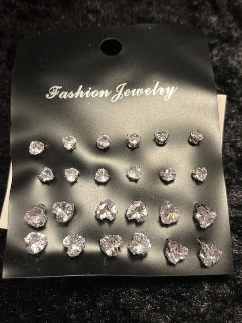 Lot #8: 36 Pairs of Faux Stone Sparkly Earrings: Heart, Round, Square Shaped