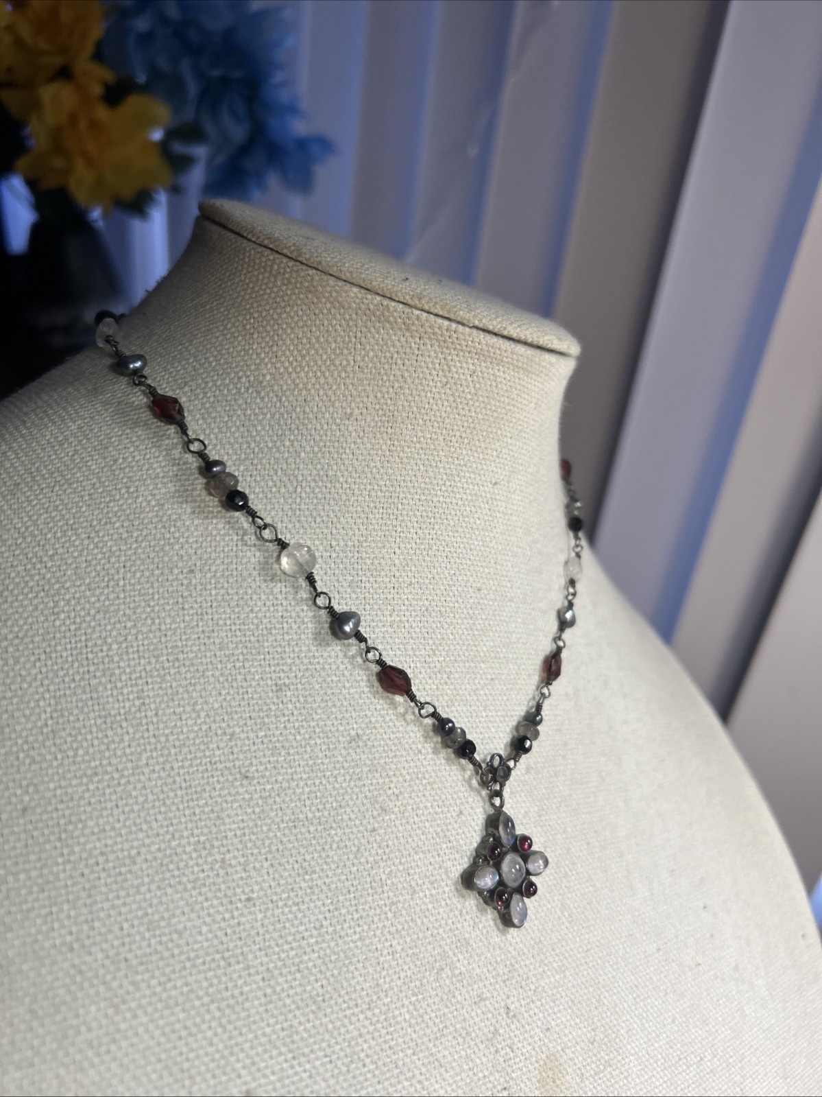 34. Vintage 925 Sterling Wire Wrapped Multi Gemstone Link Cross Necklace 16″