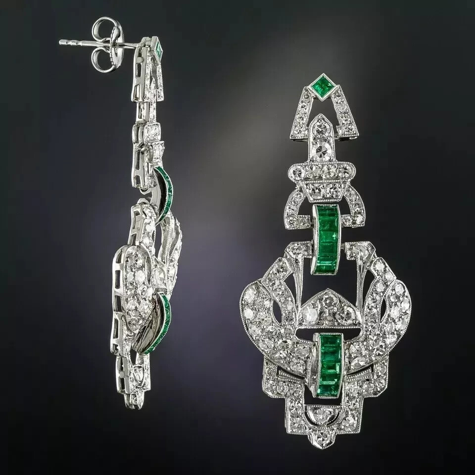 Art Deco Style Lab Created Diamond & Emerald Wedding 14K White Gold FN Earrings
