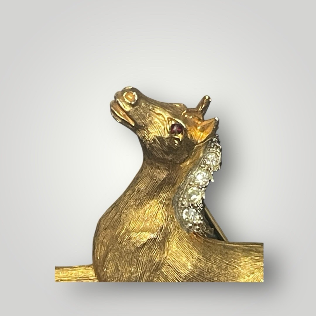 Vintage JJ Jonette Running Horse Brooch Gold Tone Rhinestone Mane Tail Pin