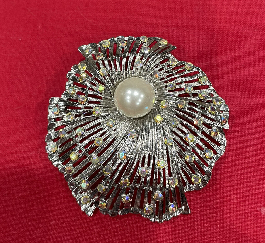 Vintage Silver Tone Poppy Flower w Ab Rhinestones Faux Pearl Brooch Pin Pendant