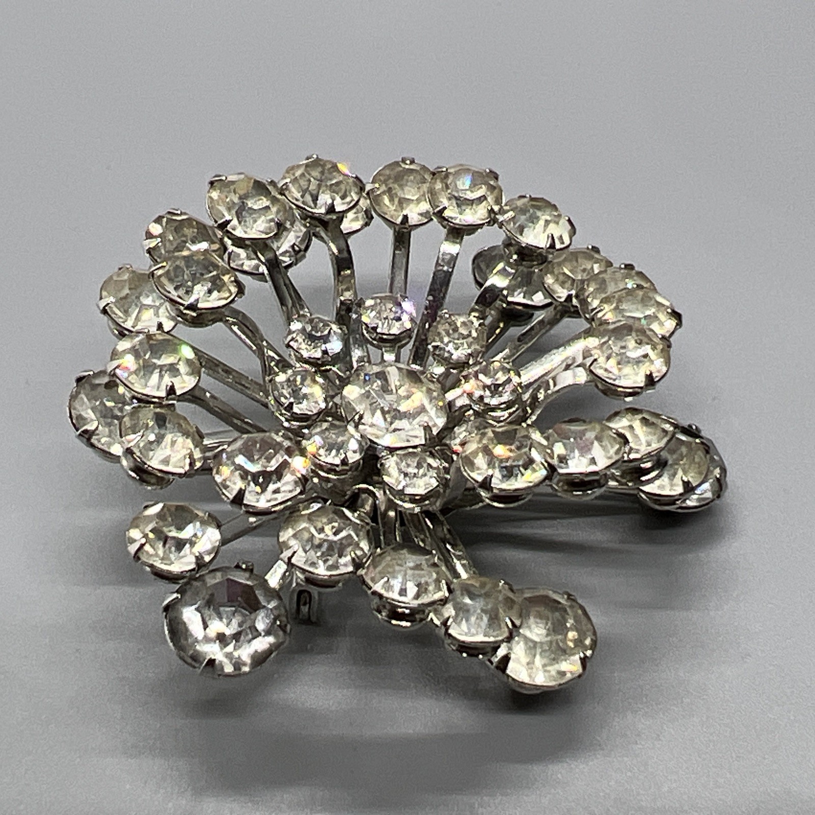 Vintage Rhinestone Starburst Brooch Clear Silver Tone Cluster Dimensional Large