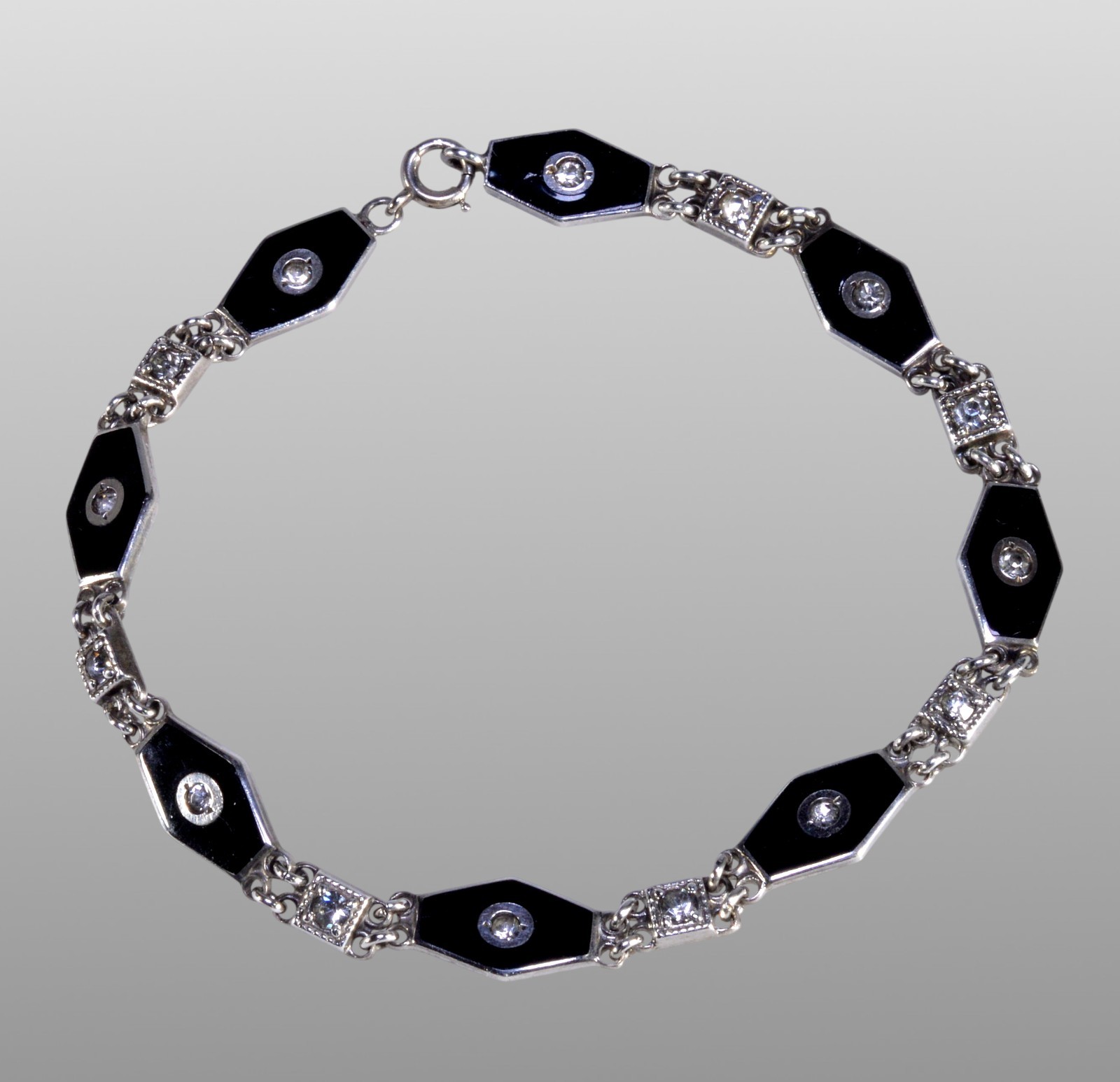 ANTIQUE ART DECO BLACK ENAMEL PASTE STERLING BRACELET C.1920