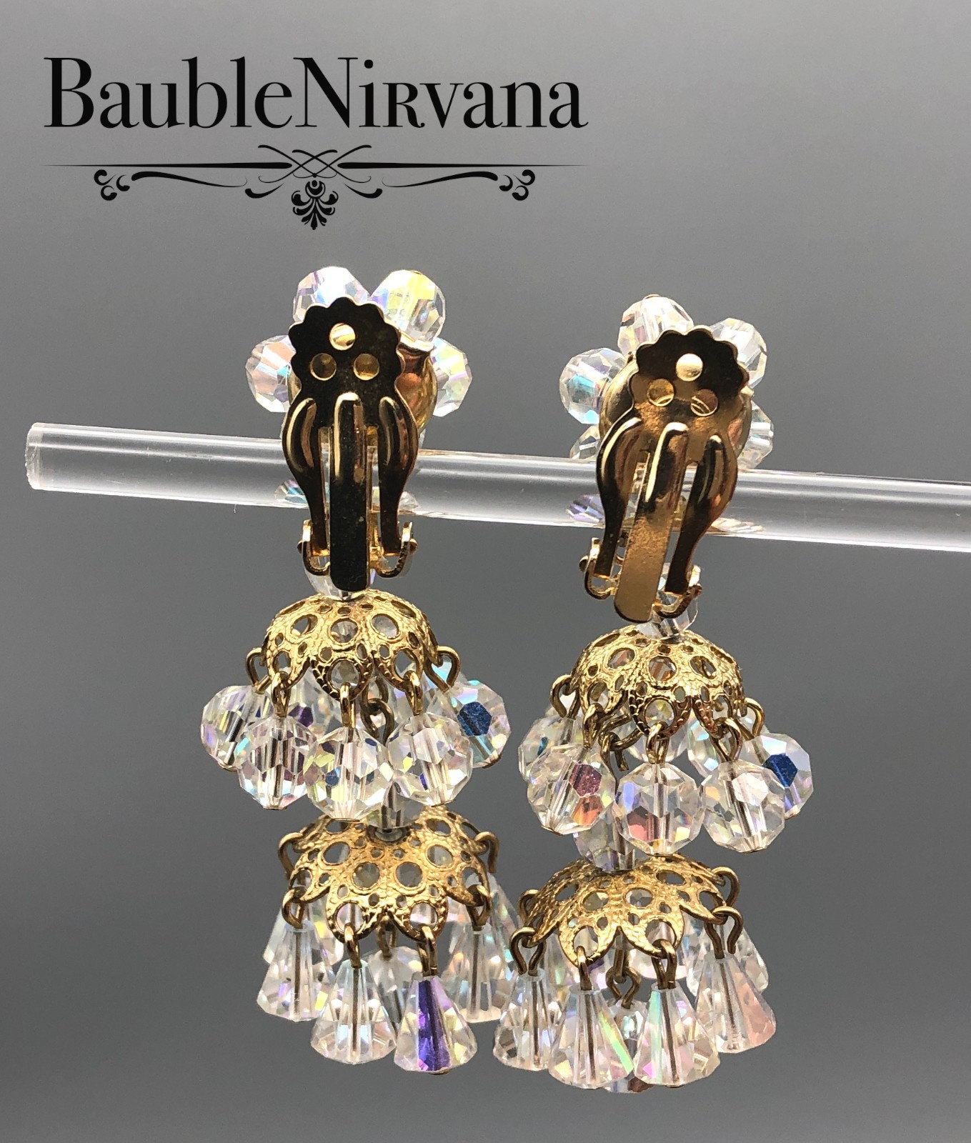 Vintage Austrian Crystal AB Bell & Round Faceted Beads Chandelier Earrings