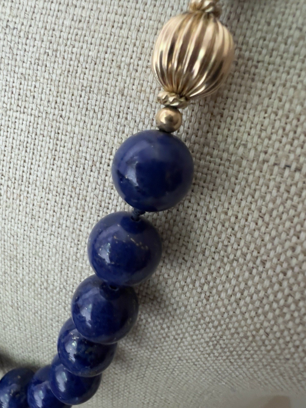 Vintage Lapis Lazuli and 14K Beads Hand Knotted 30” Necklace With Figural Beads