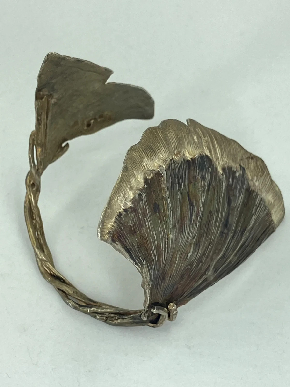 Vintage Sterling Silver Ginkgo Bracelet Artisan Cuff Chunky Statement Tested 44g