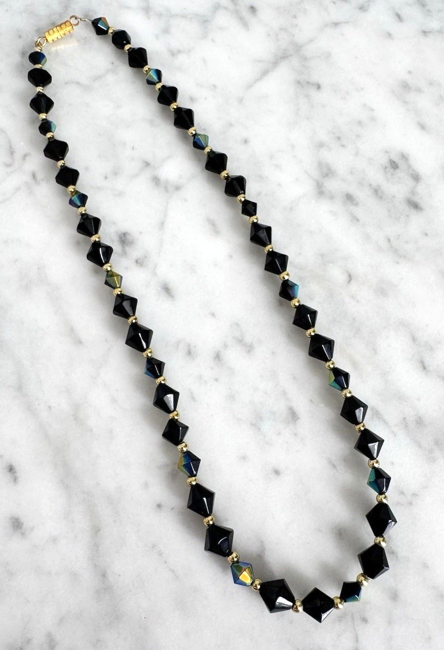 Vintage Bicone Cut Black Aurora Borealis Crystal Bead Gold Tone Accent Necklace