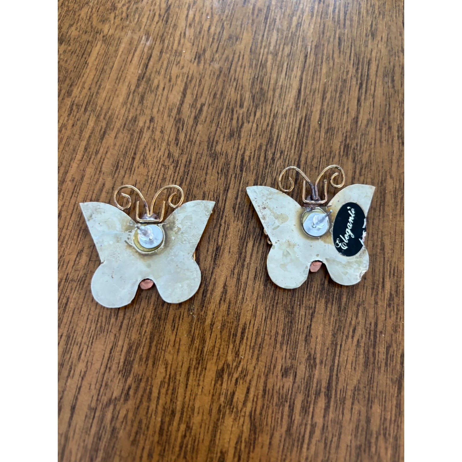 Vintage Handmade Mixed Metal Butterfly Stud Earrings Tri-Tone Silver Gold Copper