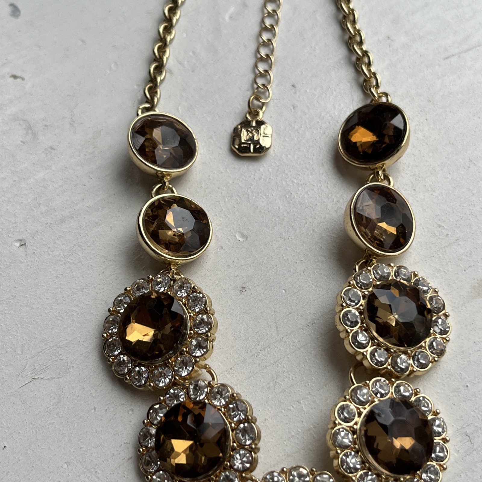 Vintage Monet Faceted Golden Topaz Crystal & Clear Rhinestone Statement Necklace