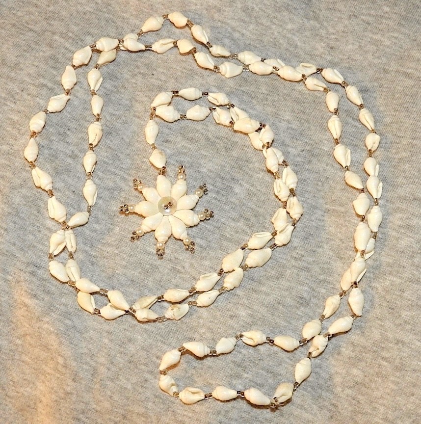 Vintage Shell Necklace Long Handmade with Beads and White Conch Pendant