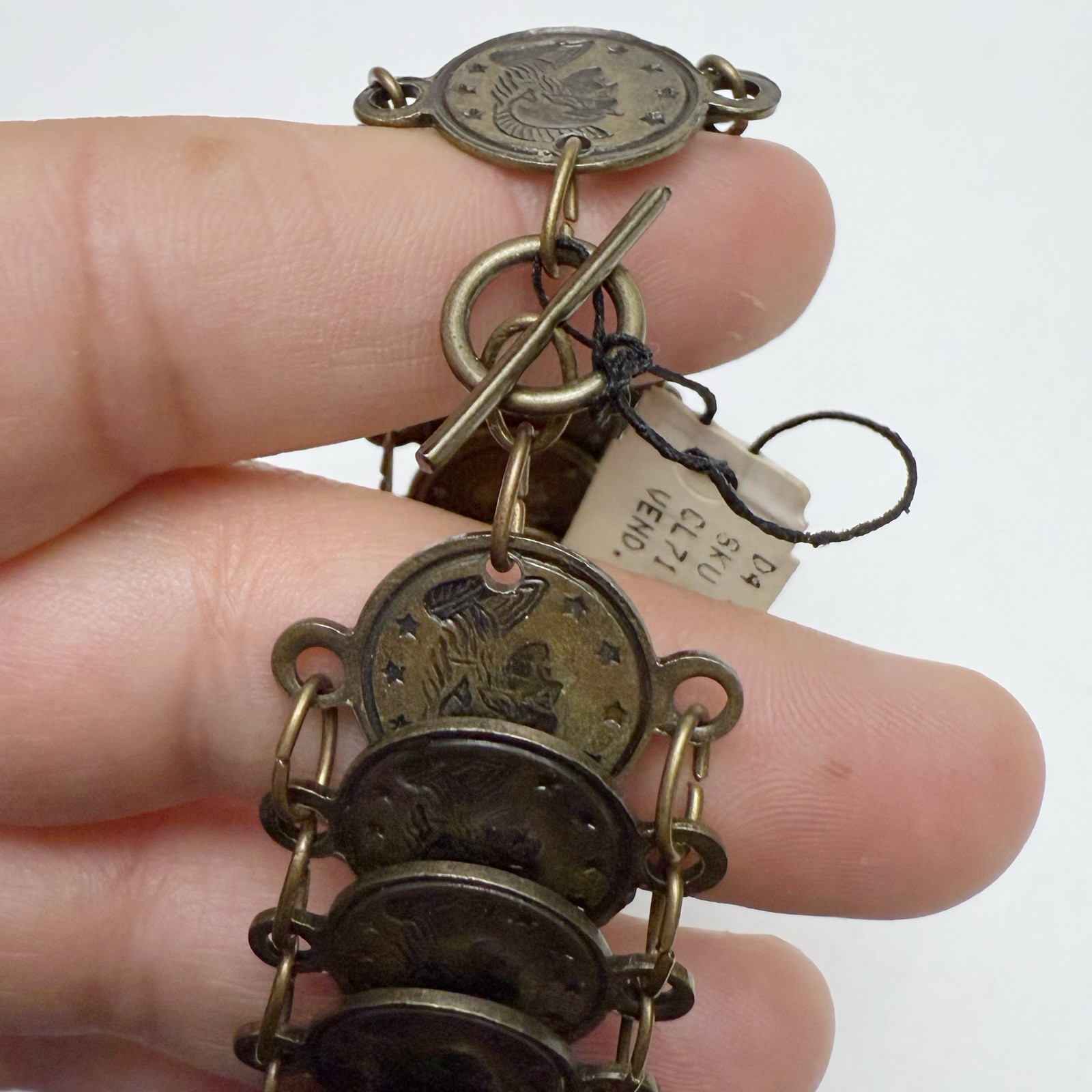 Vintage Tarazzia Roman Coin Medallion Charm Link Chain Toggle Bracelet
