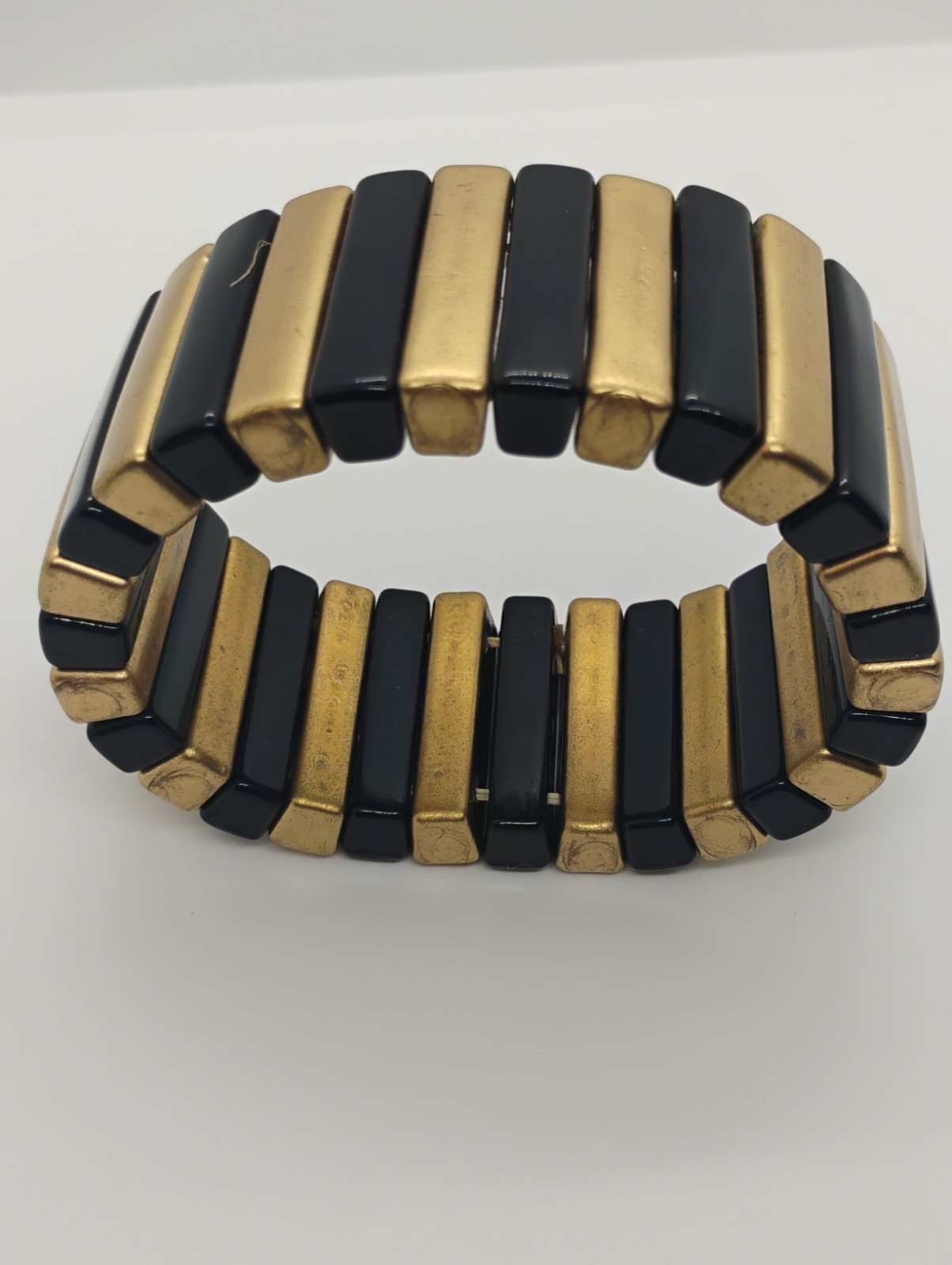 Vintage Bohemian Gold and Black Chunky Bar Stretch Sizable Statement Bracelet