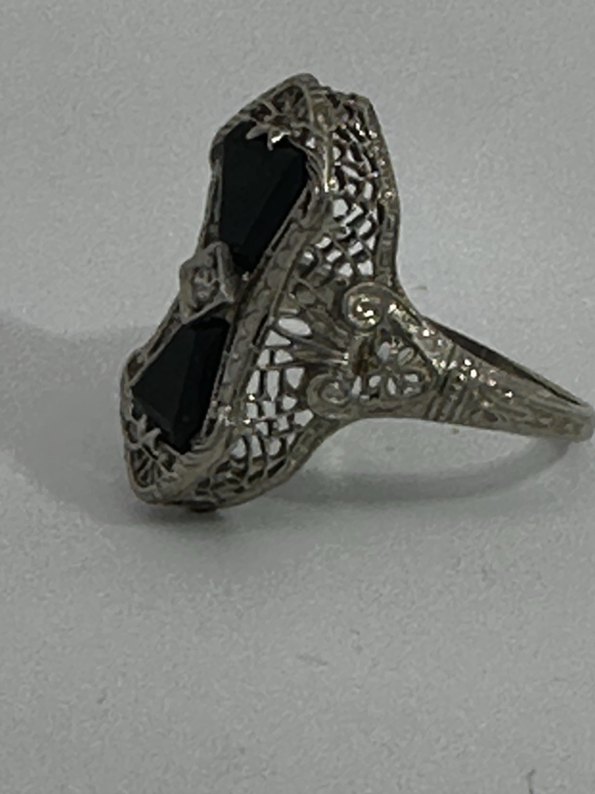 Vintage 14k White Gold Estate Onyx Diamond Ring Filigree Art Deco