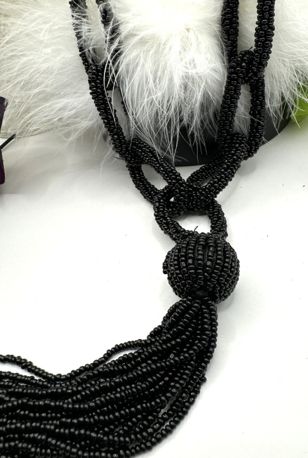 Designer Black Micro-Beaded Statement Necklace Multi-Looped Rare High End