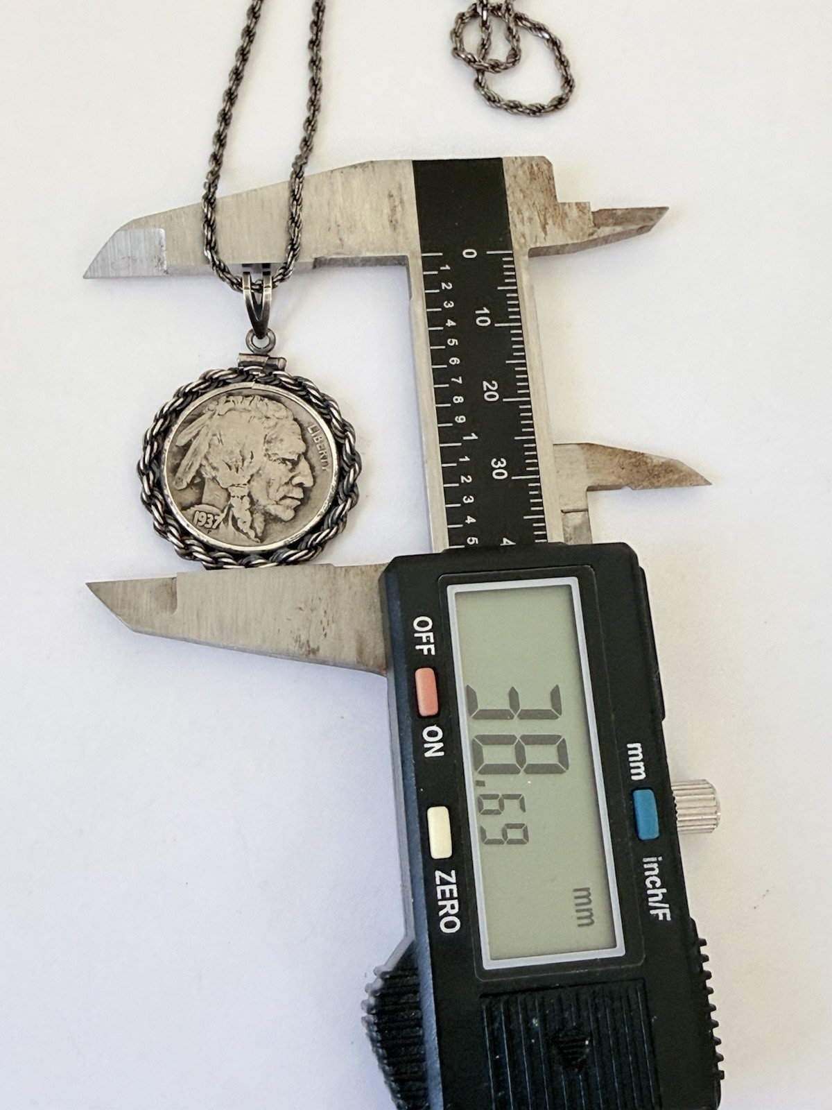 Vintage 1937 Buffalo Nickel Coin Pendant 925 Sterling Silver Chain 15-grams