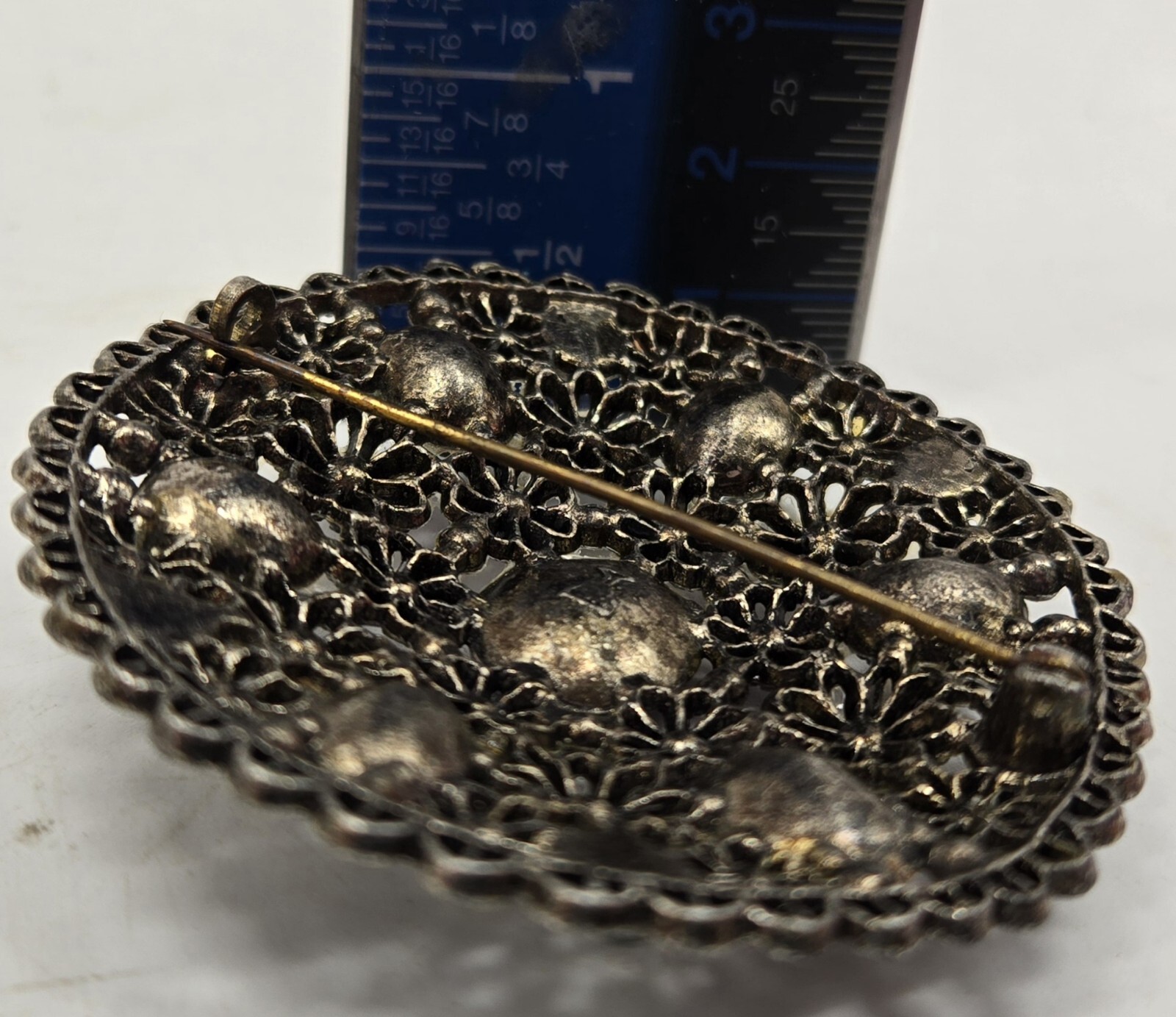 Antique New England Glass Works Rhinestone Brooch Filigree Vtg Signed Goblet