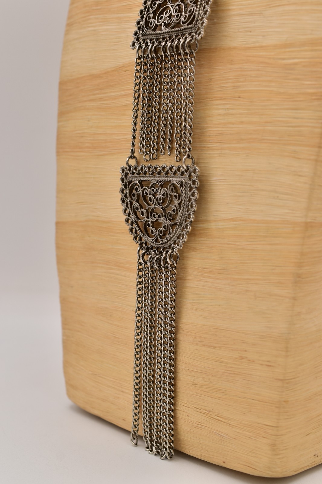 Vintage Silver Filigree Tassel Necklace Long Statement Fringe Chain 1970s Bin3C