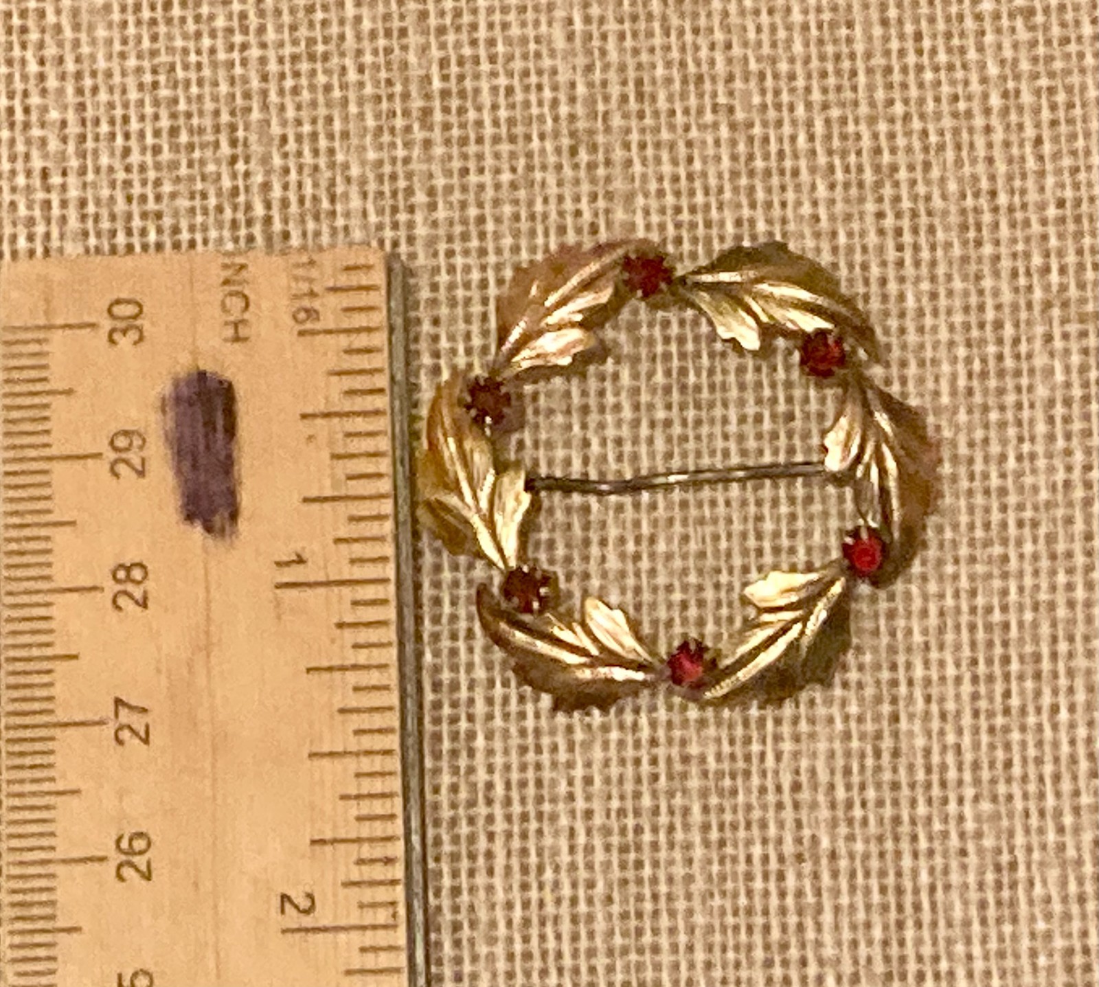 Vintage Gold Filled Brooch Leaf Wreath Red Rhinestone Signed CT