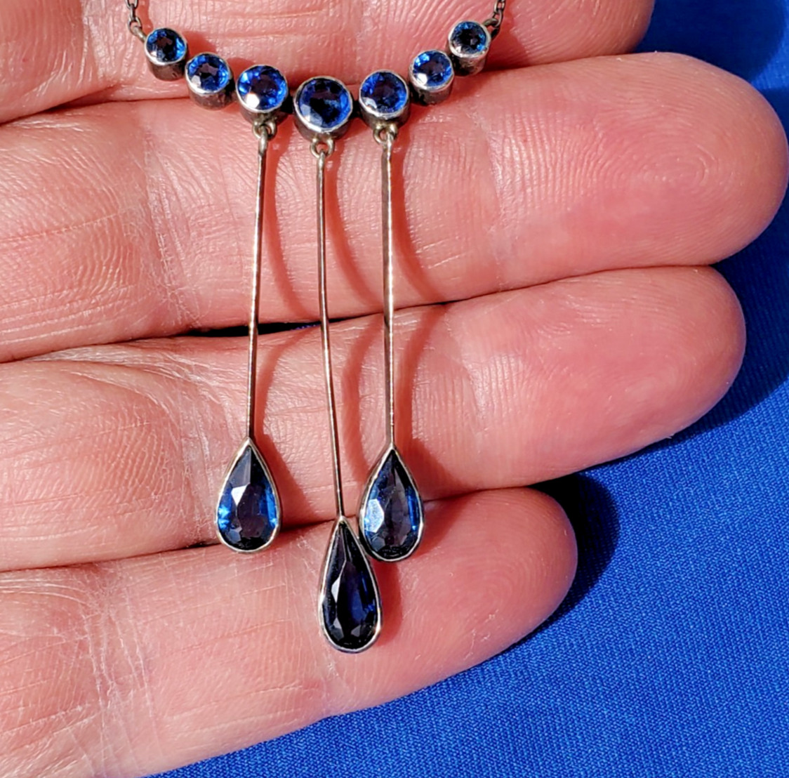 Original STERLING SILVER 925 Deco Modernist Rare Necklace Vintage Sapphire Paste