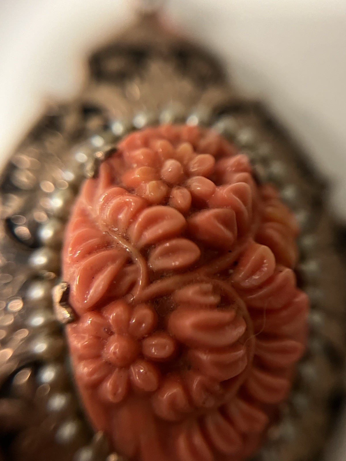 Antique Czechoslovakia Hand-Carved Coral & Pearl Flower Locket Necklace 17.5”