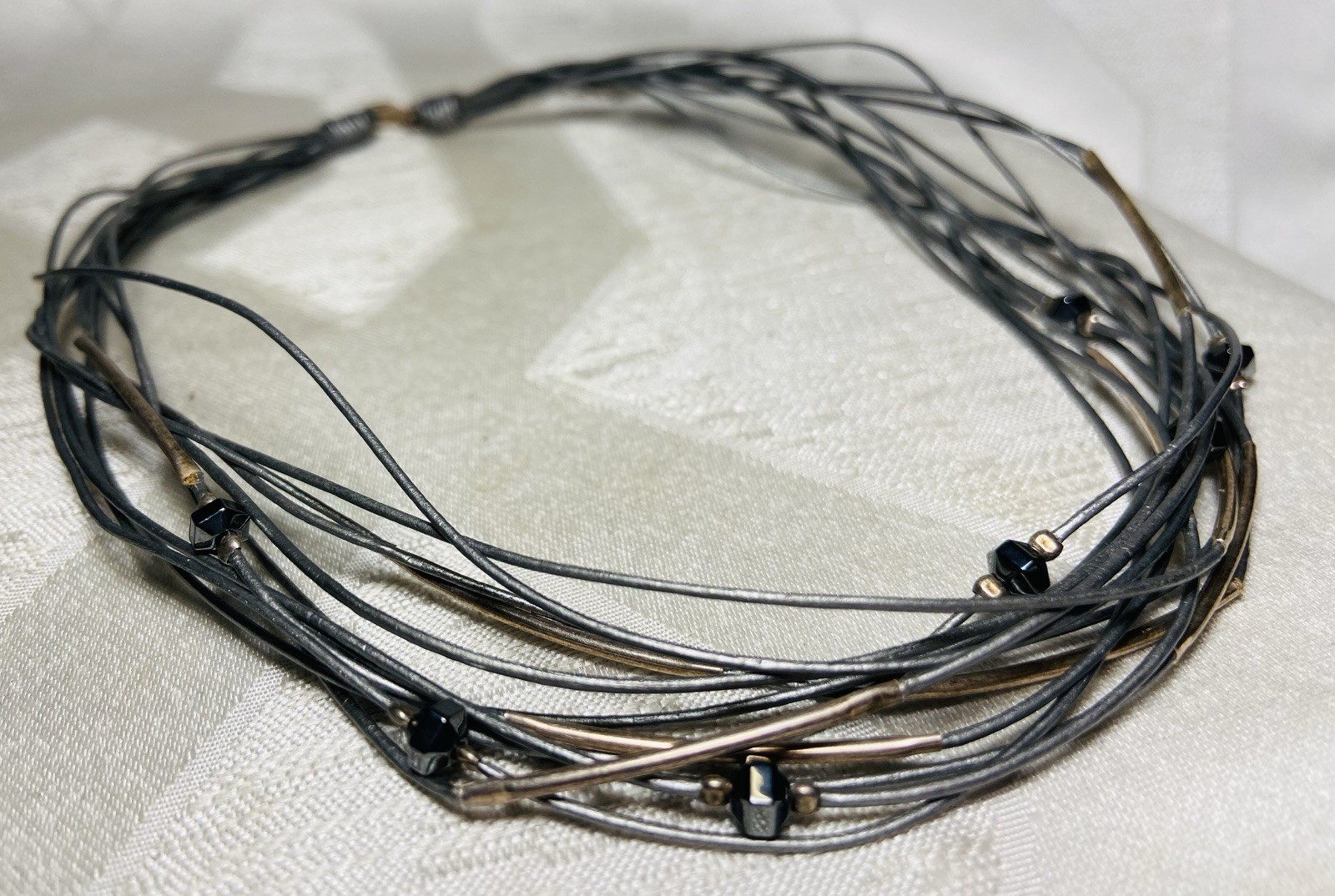 Silpada 925 Sterling Silver Multi Strand Leather Cord Necklace Black Bead 18″