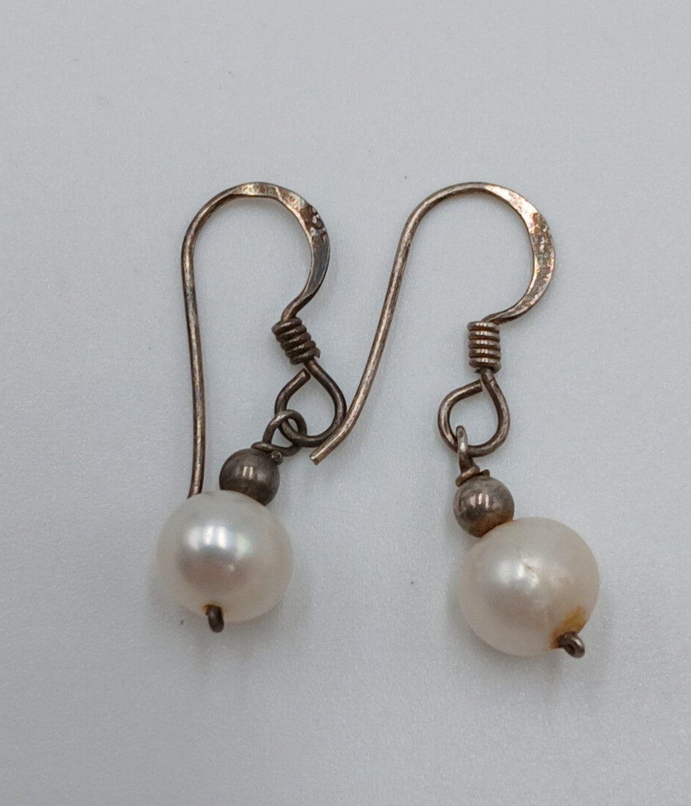 VTG 7mm Pearl Dangle Earrings 1in Drop Sterling Silver French Wire 1.43g Estate