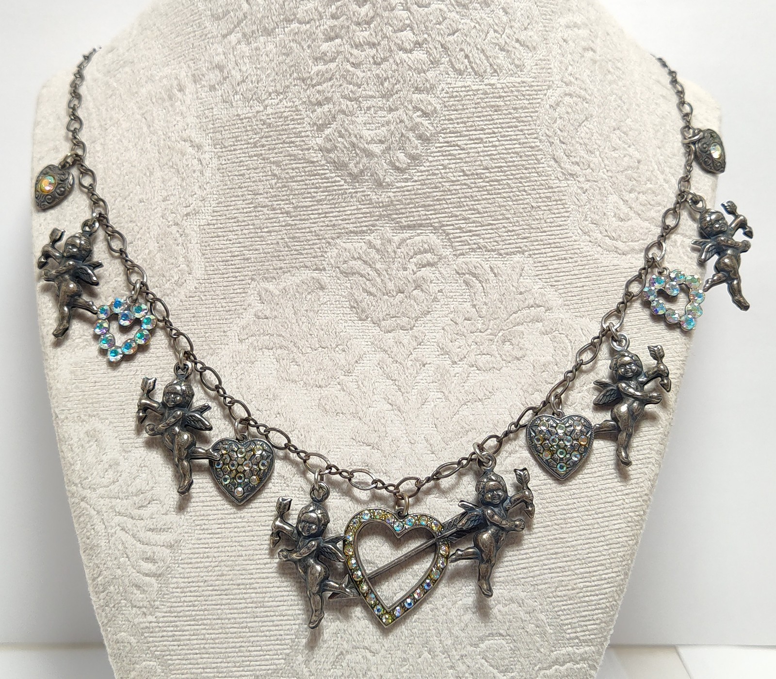 Lovely Vtg signed TOP SHELF JEWELRY AB Rhinestone Angel Design Silver Necklace