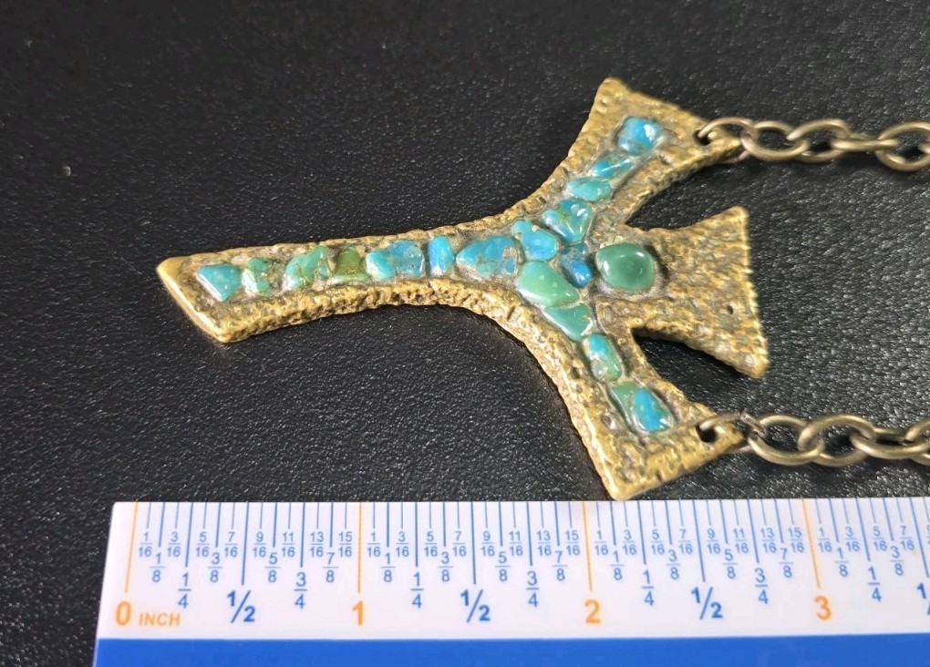 Vintage Mid-Century Brutalist Brass Turquoise Drop Pendant Necklace