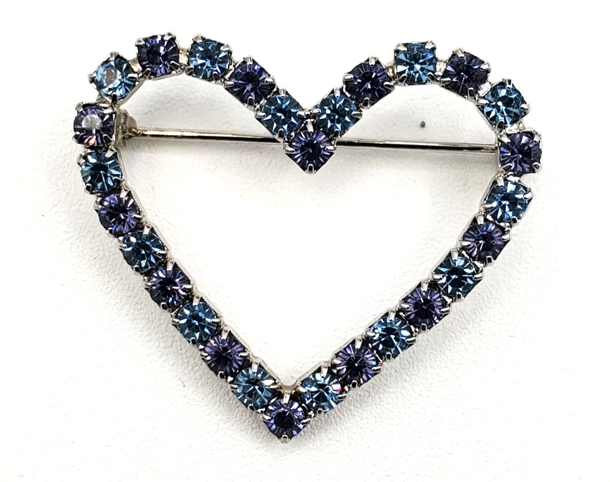 Vintage Purple and Blue Rhinestone Heart Pin