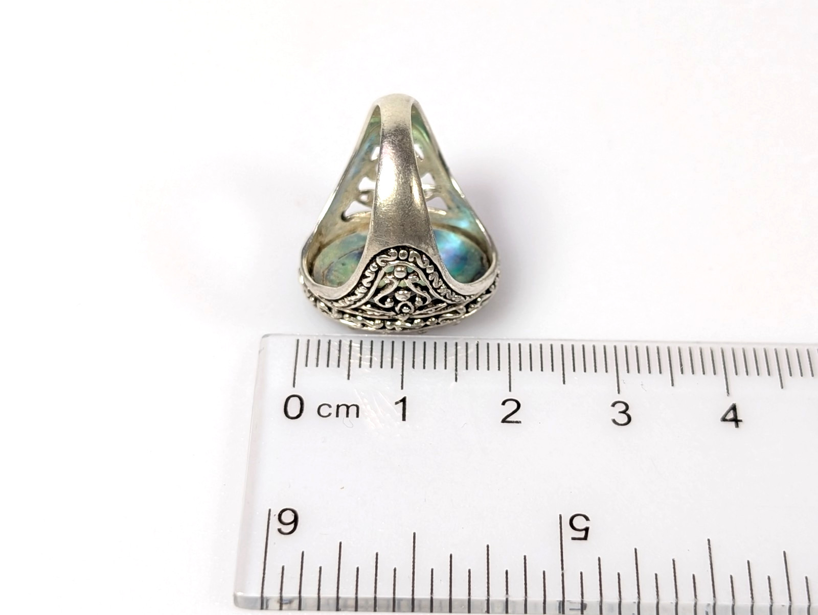 Vtg Abalone Sterling Silver 925 Scalloped Open Filigree Statement Ring CW Sz 5.5