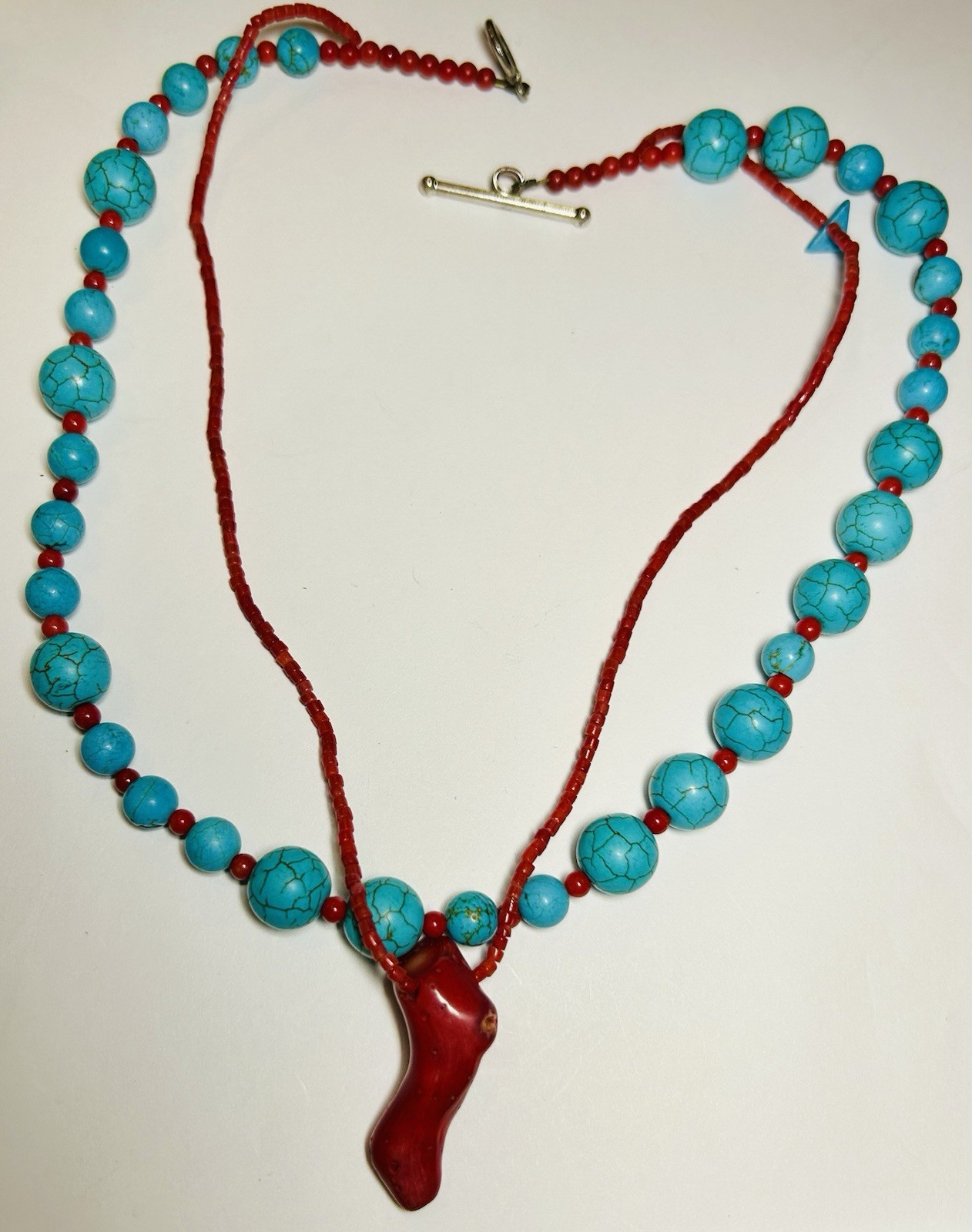 VTG Artesian 20” Red Coral & Blue Stone Beaded Necklace Toggle Closure