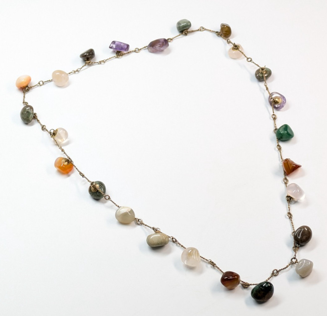 VTG Multi Color Tumbled Stone Pendant Station Gold Tone Statement Necklace 30″
